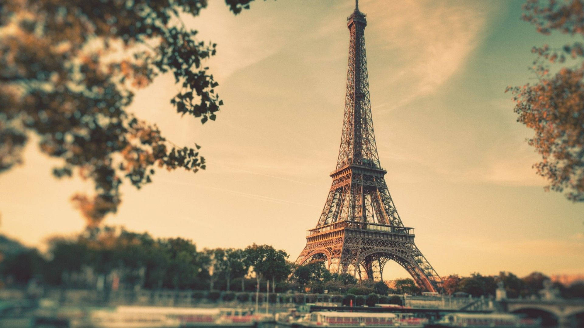 Eiffel Tower, autumn leaves, golden sunset sky, Full HD Desktop Wallpaper
