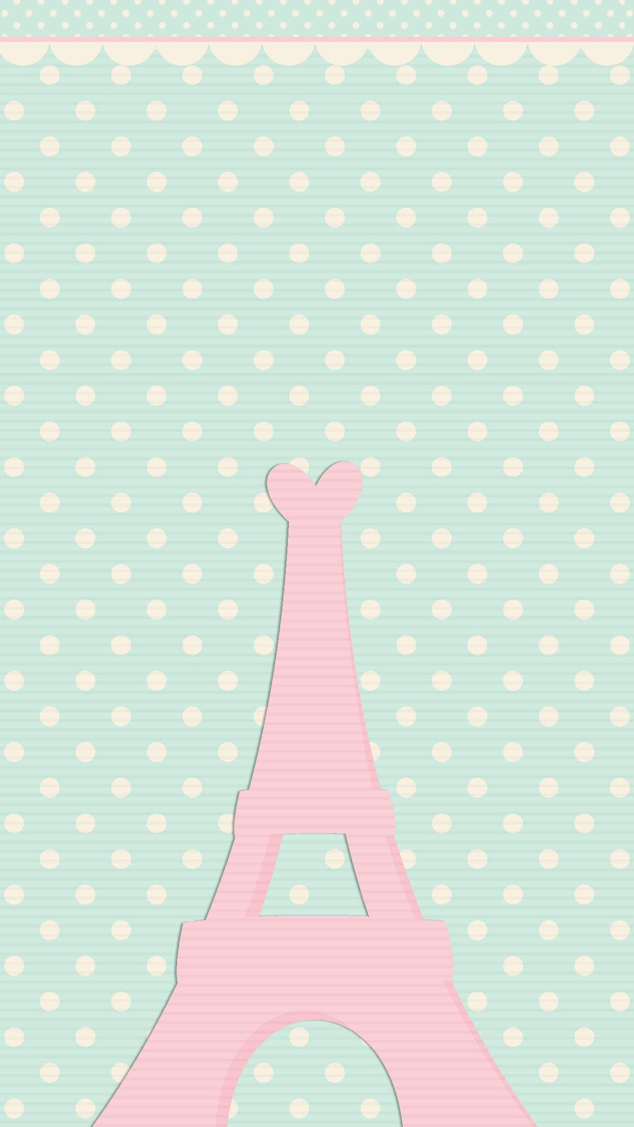 Pink Eiffel Tower, mint green background, cream polka dots, Full HD Phone Wallpaper