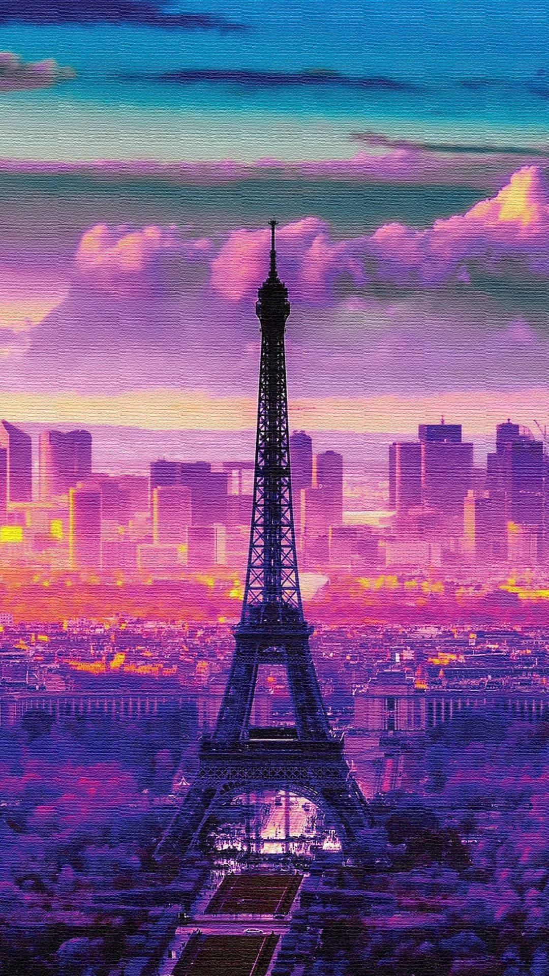 Eiffel Tower, Paris skyline, surreal purple and pink sunset sky, Full HD Phone Wallpaper