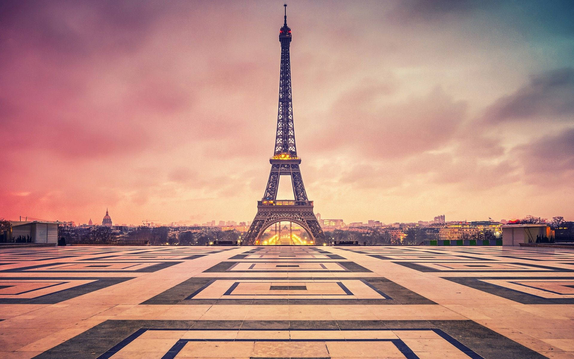 Pink Eiffel Tower, dusk, vibrant pink and orange sunset sky, Full HD Desktop Wallpaper