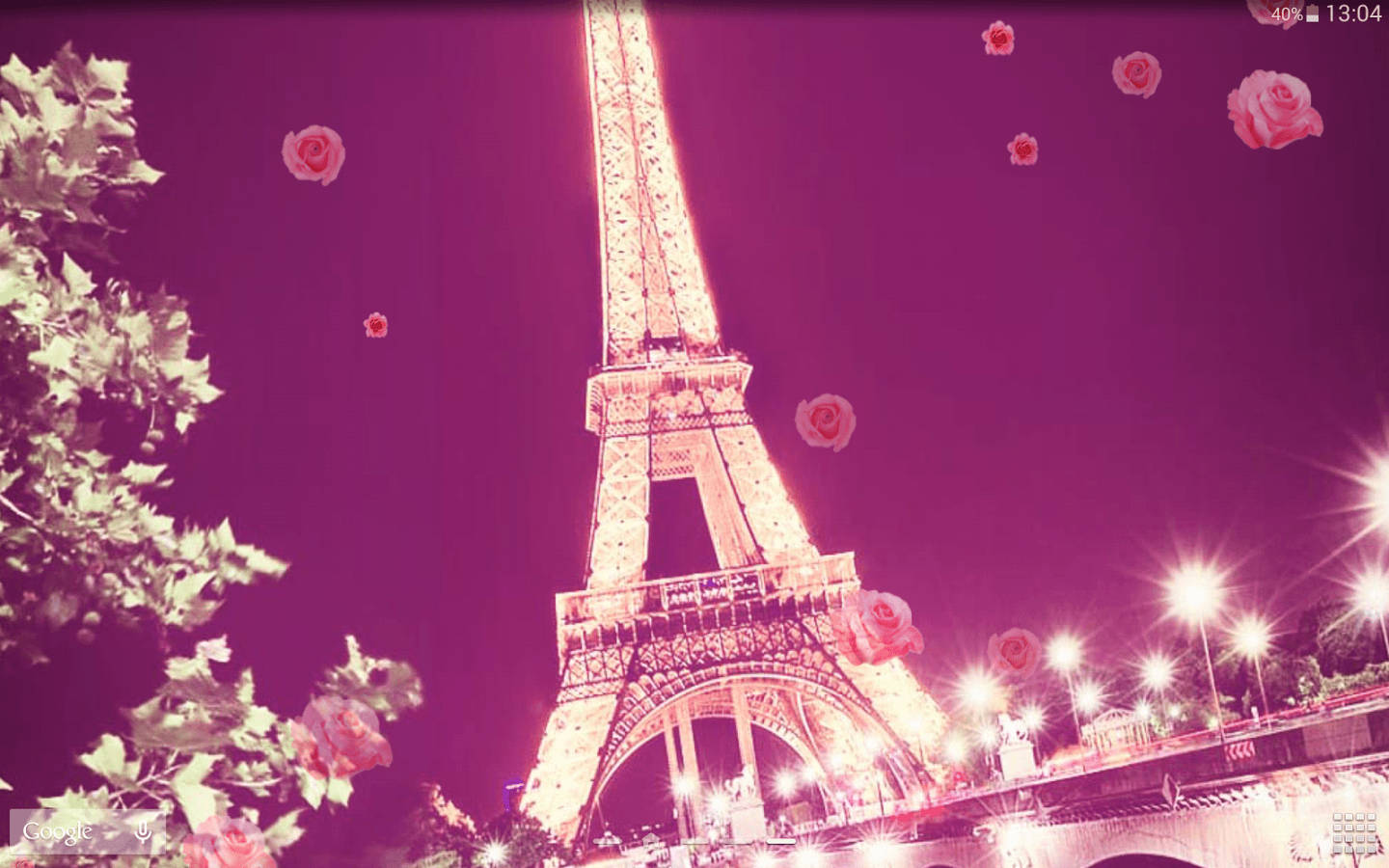 Eiffel Tower, magenta sky, floating roses, HD Desktop Wallpaper