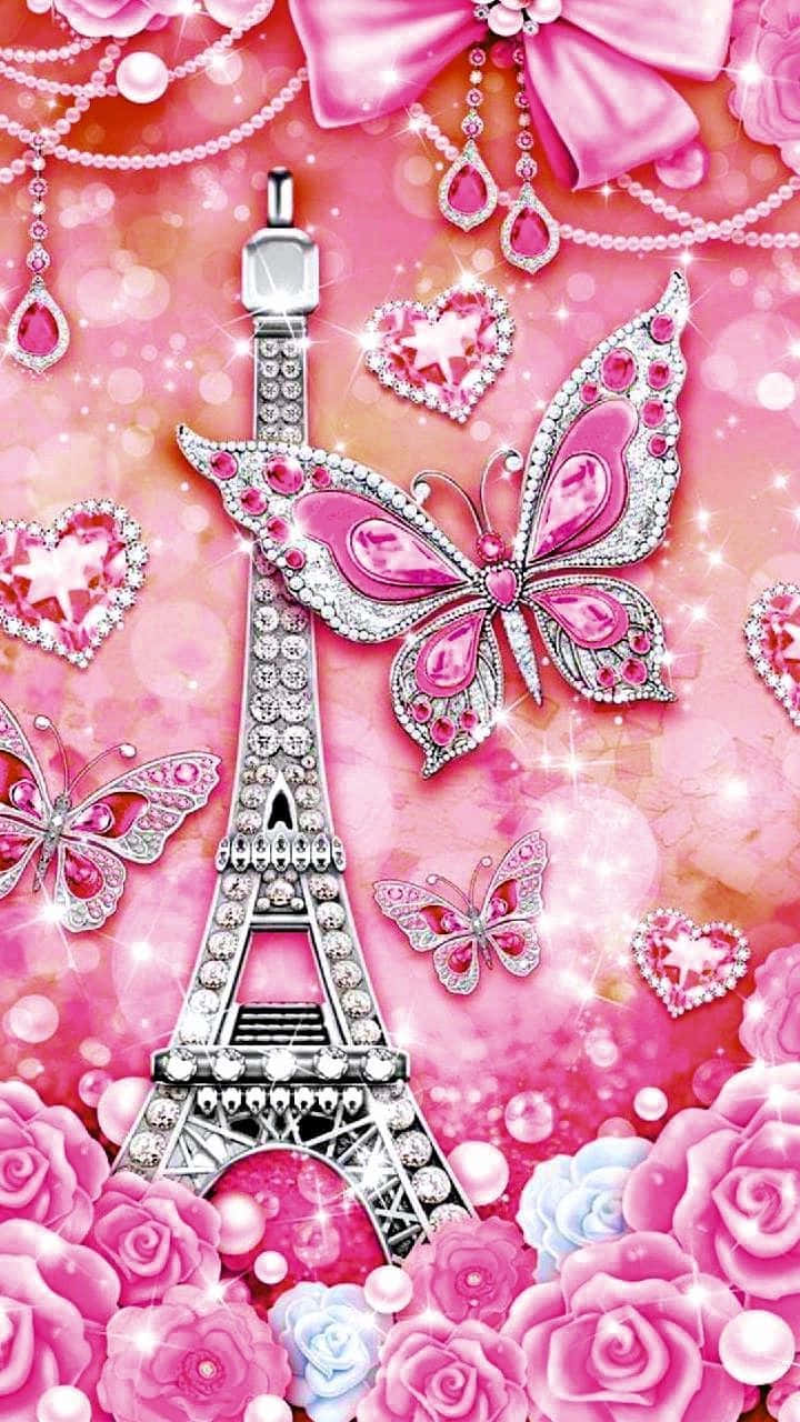 Pink Eiffel Tower, diamonds, butterflies, HD Phone Wallpaper