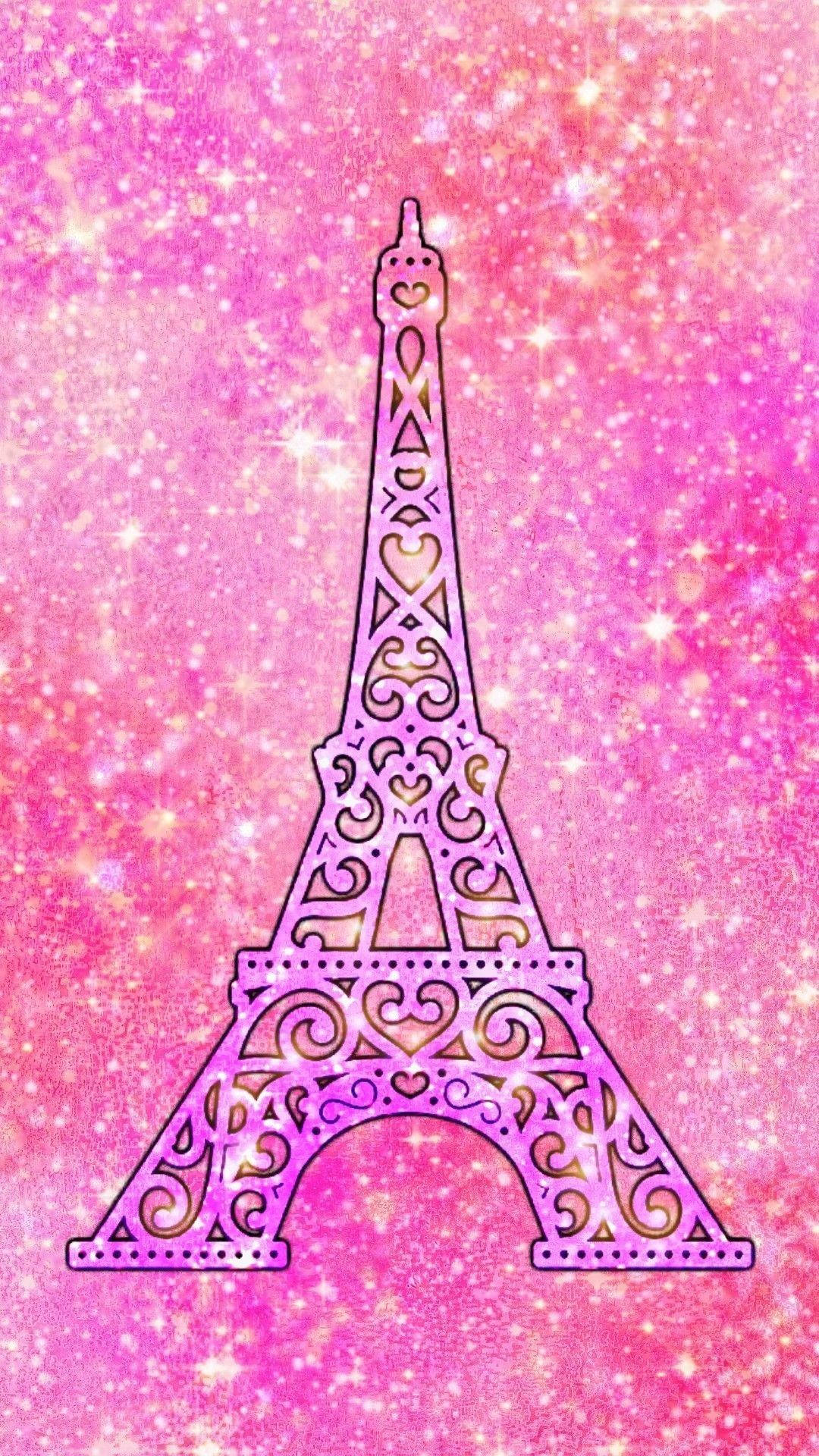 Pink Eiffel Tower, glittering, heart motifs, Full HD Phone Wallpaper