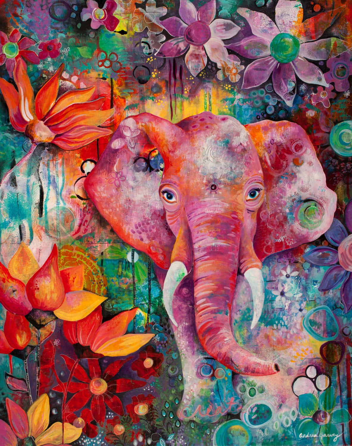 Pink Elephant, vibrant painted elephant, colorful abstract flowers, HD Phone Wallpaper