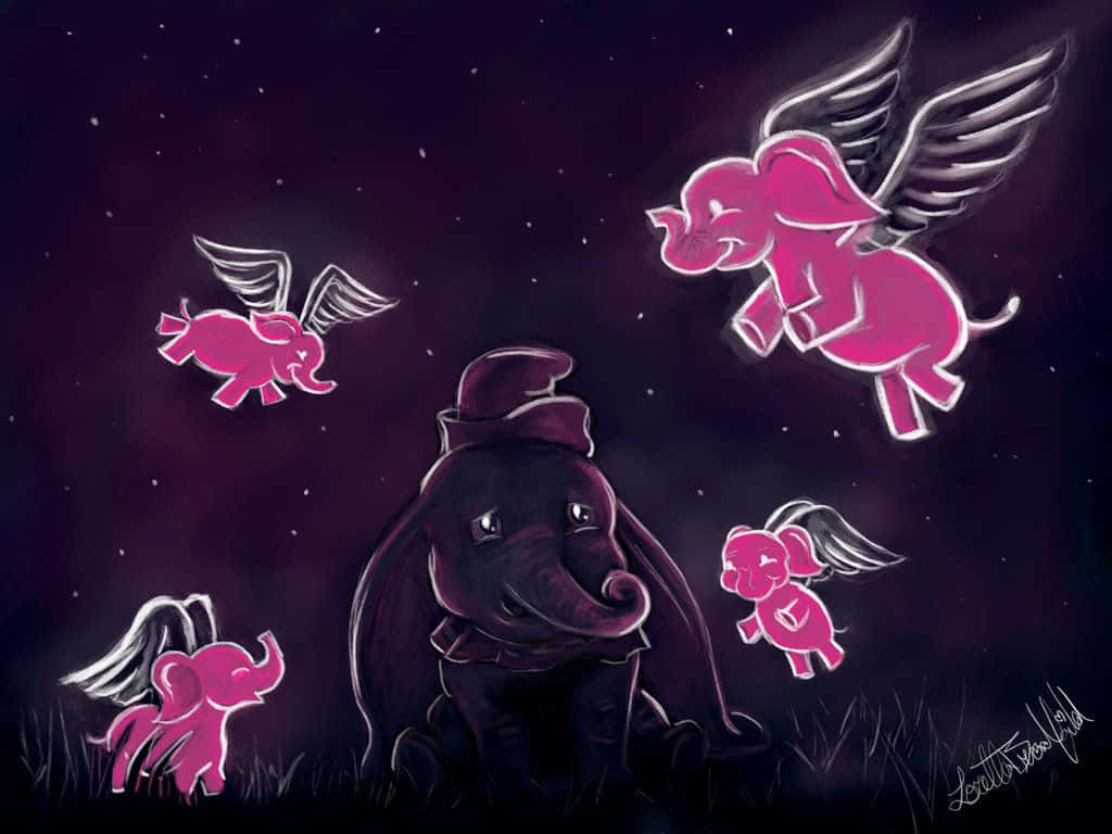 Pink Elephant, top hat, glowing pink winged elephants, SD Desktop Wallpaper