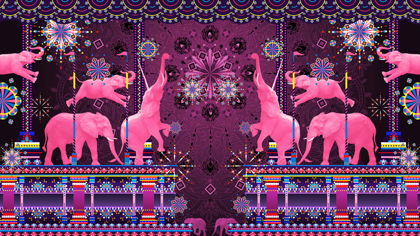 pink elephant, lush green nature, psychedelic purple patterned backdrop, HD Desktop Wallpaper