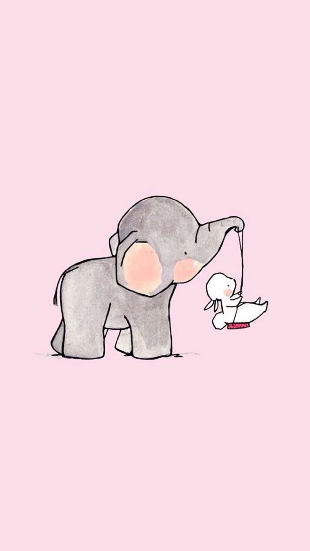 Pink Elephant, watercolor-style elephant, white rabbit, Full HD Phone Wallpaper