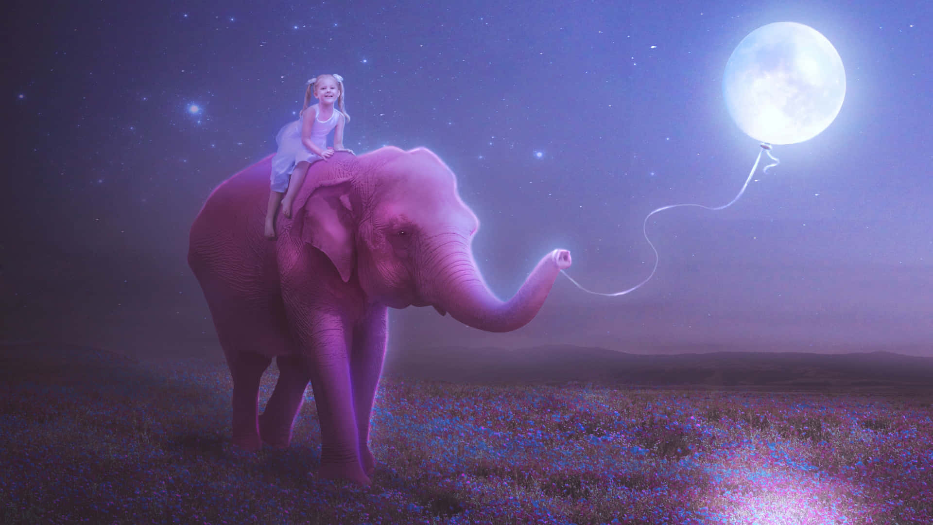 Pink Elephant, young girl, glowing pink elephant, Full HD Desktop Wallpaper