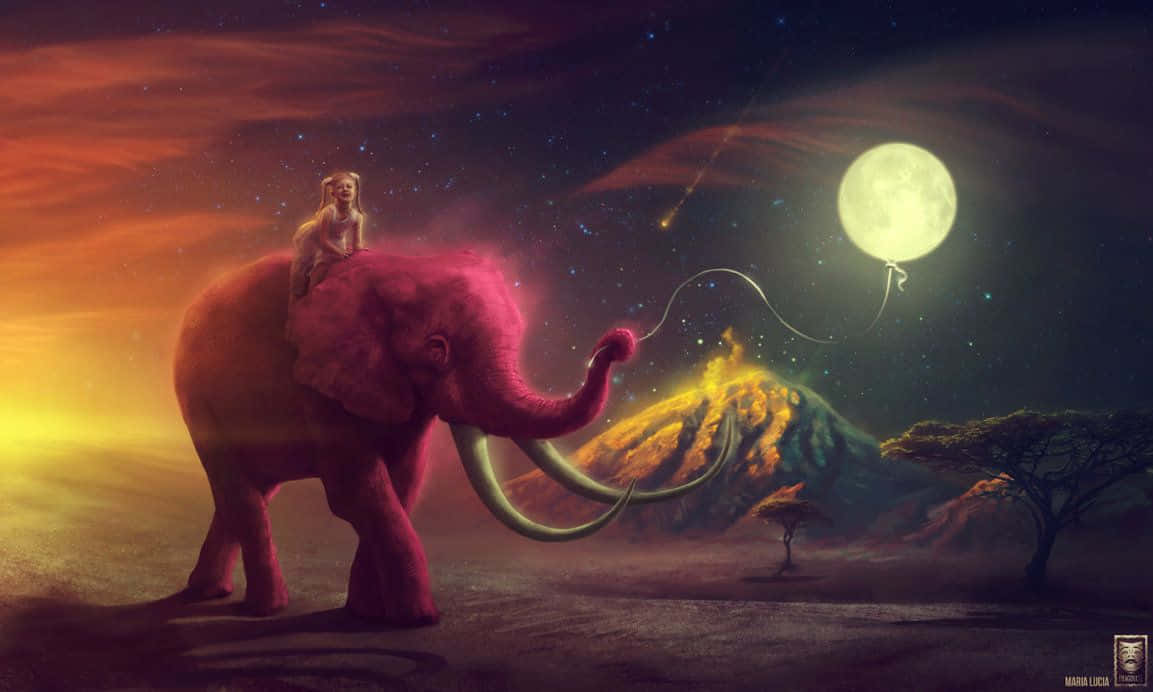 Pink Elephant, glowing pink elephant, rider, SD Desktop Wallpaper
