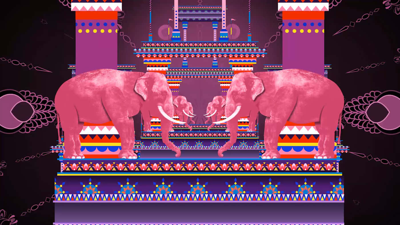 Pink Elephant, mystical forest, colorful tiered temple, HD Desktop Wallpaper