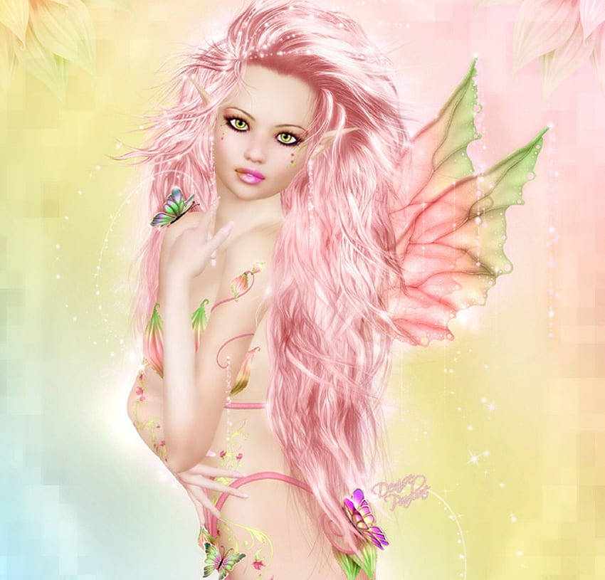 Pink Fairy, pink-haired, green wings, SD Desktop Wallpaper