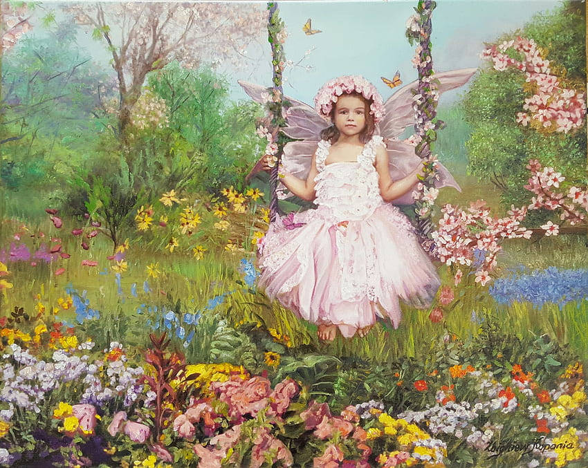 Pink Fairy, pink gown, floral swing, SD Desktop Wallpaper
