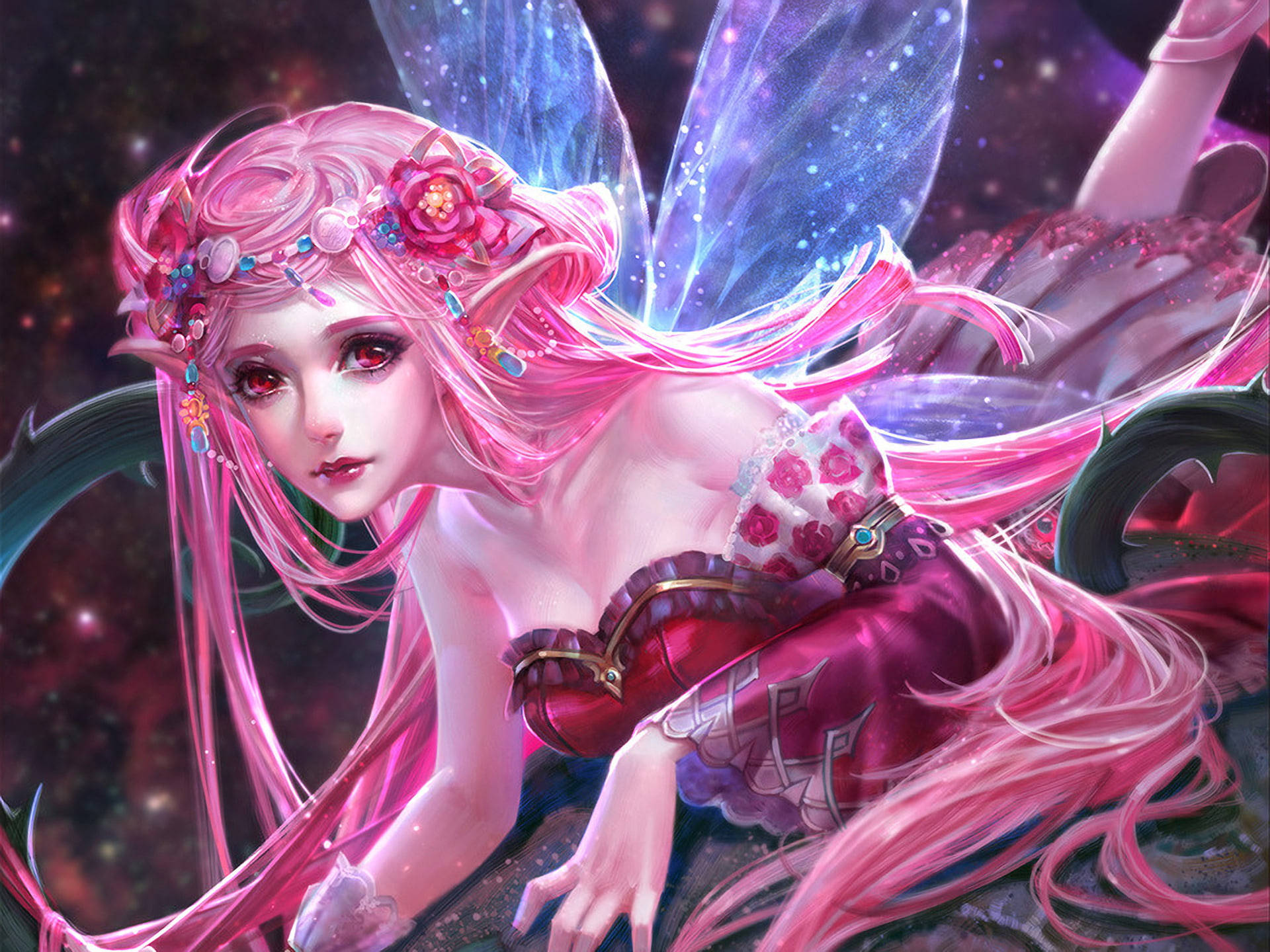 Pink Fairy, glowing wings, floral crown, Full HD Desktop Wallpaper