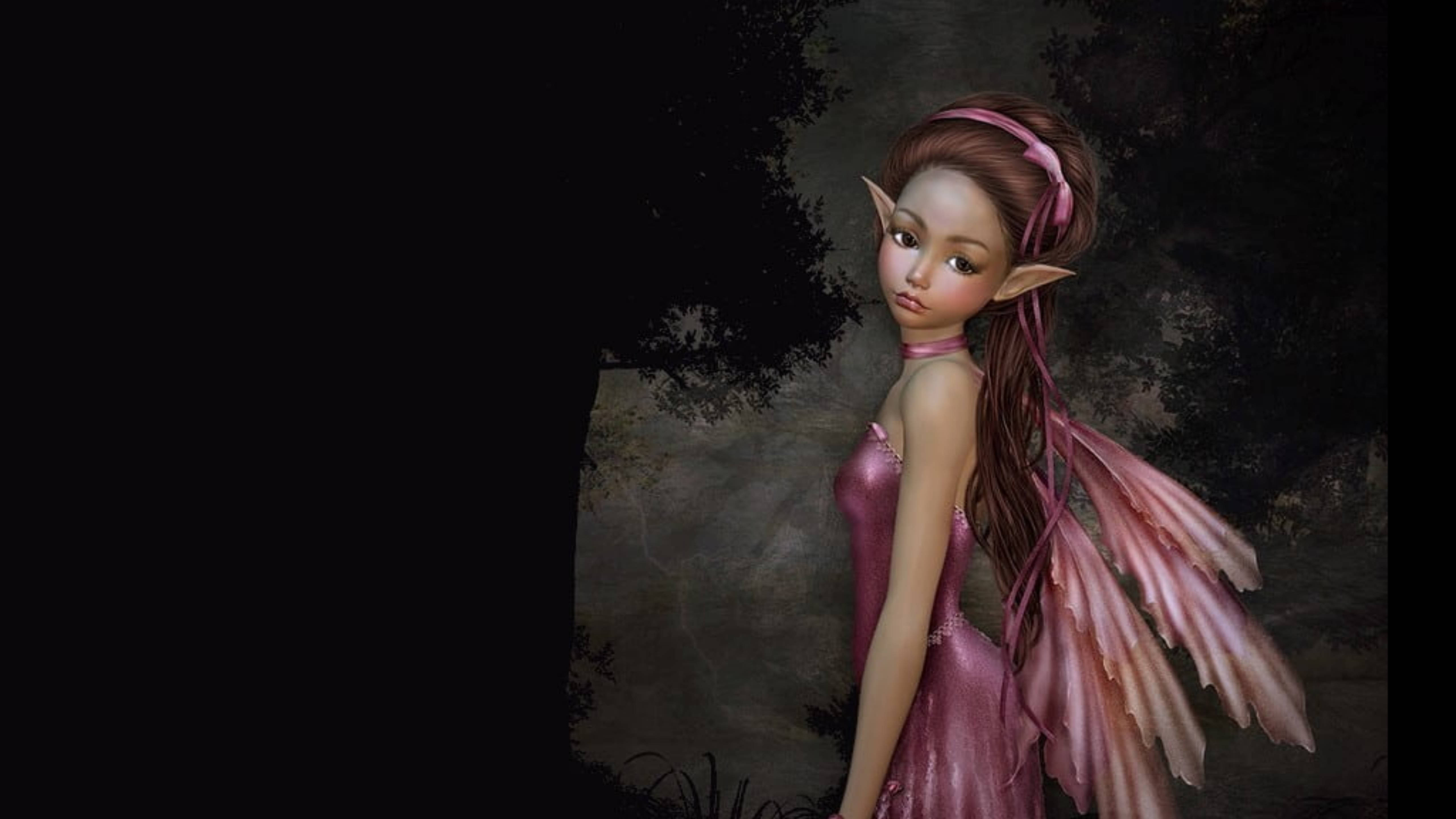 Pink Fairy, black pointed ears, pink-winged fairy, 5K Desktop Wallpaper