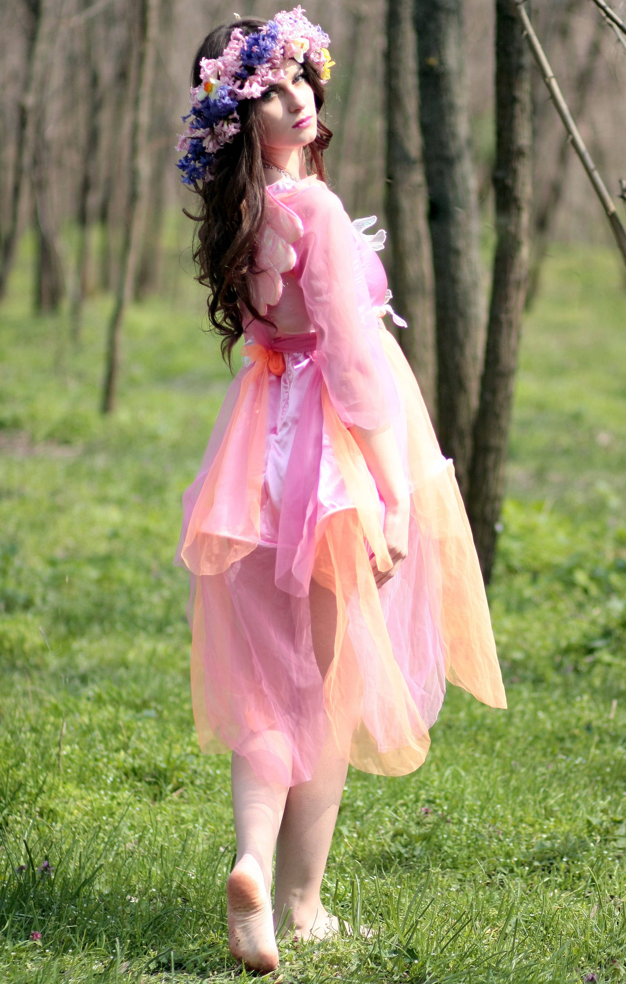 Pink Fairy, floral crown, flowing pink dress, 4K Phone Wallpaper