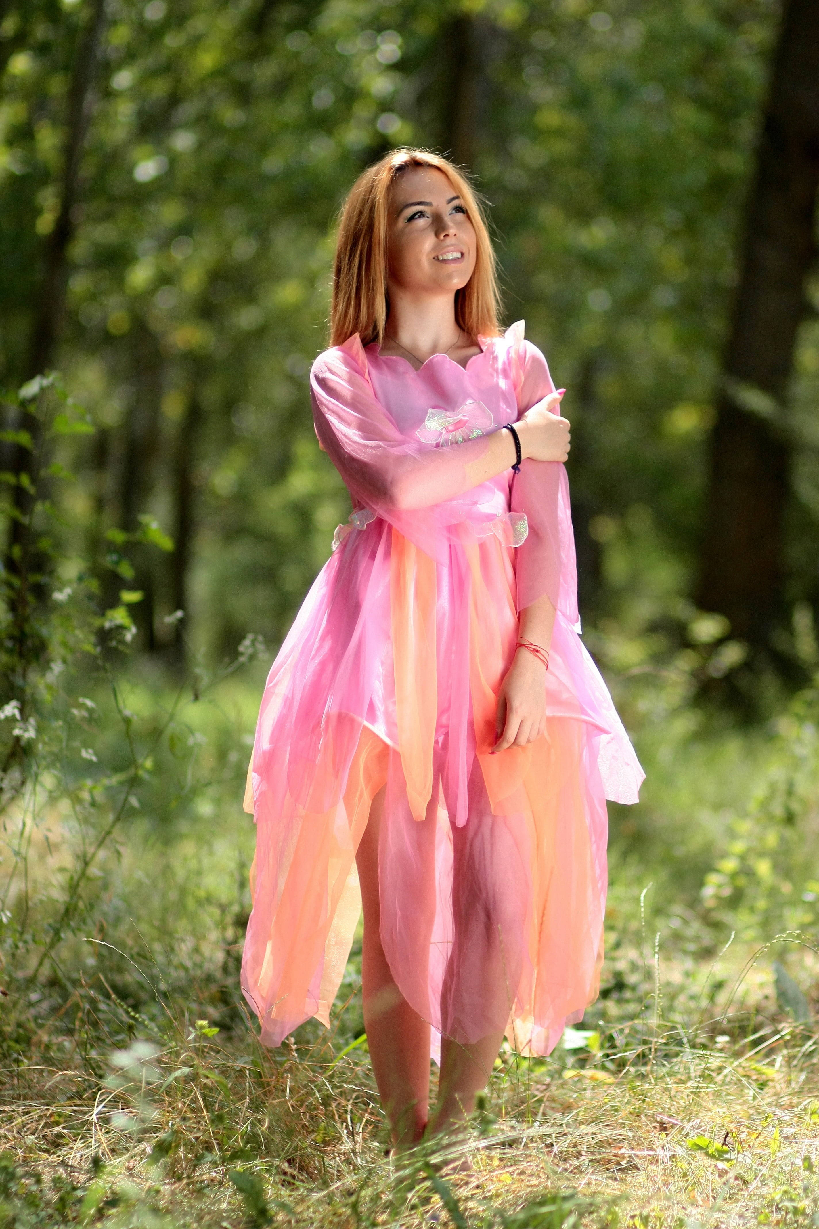 Pink Fairy, adult woman, flowing pink and orange dress, 4K Phone Wallpaper