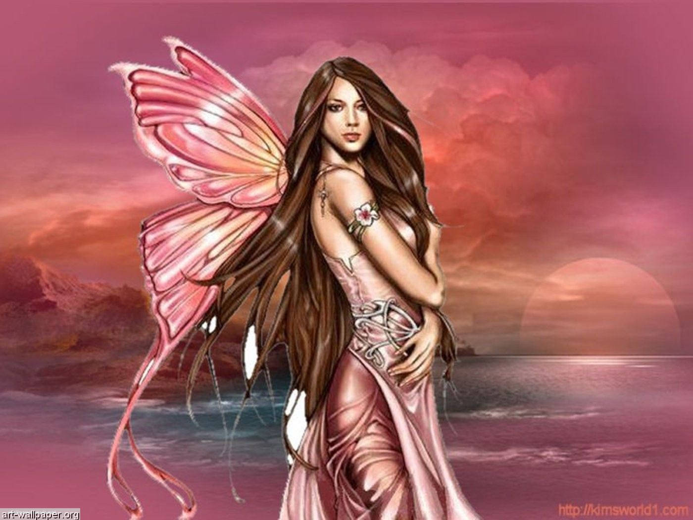 Pink Fairy, pink butterfly wings, twilight sea, HD Desktop Wallpaper