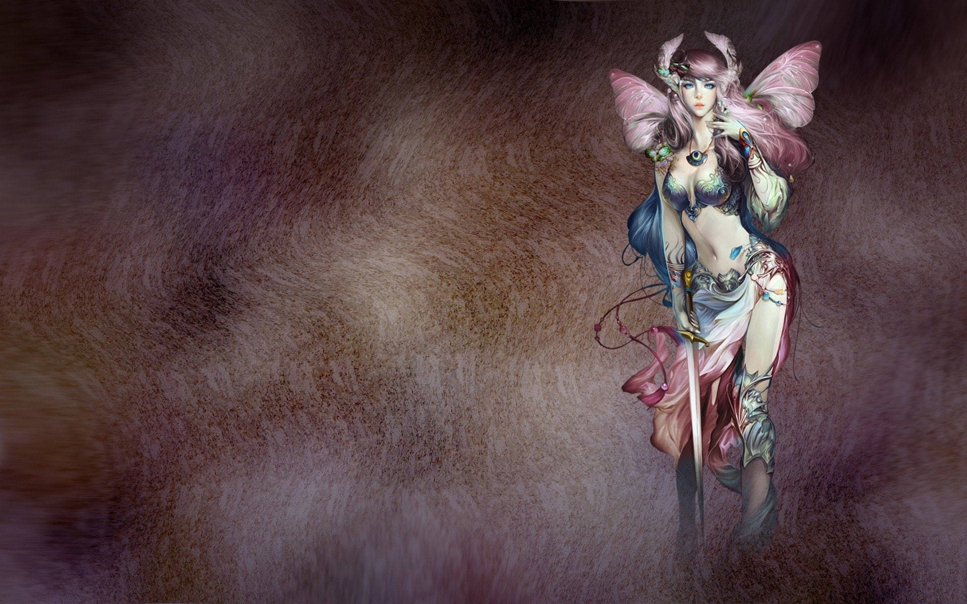 Cartoon Pink Fairy Brown, pink wings, ornate armor, Full HD Desktop Wallpaper