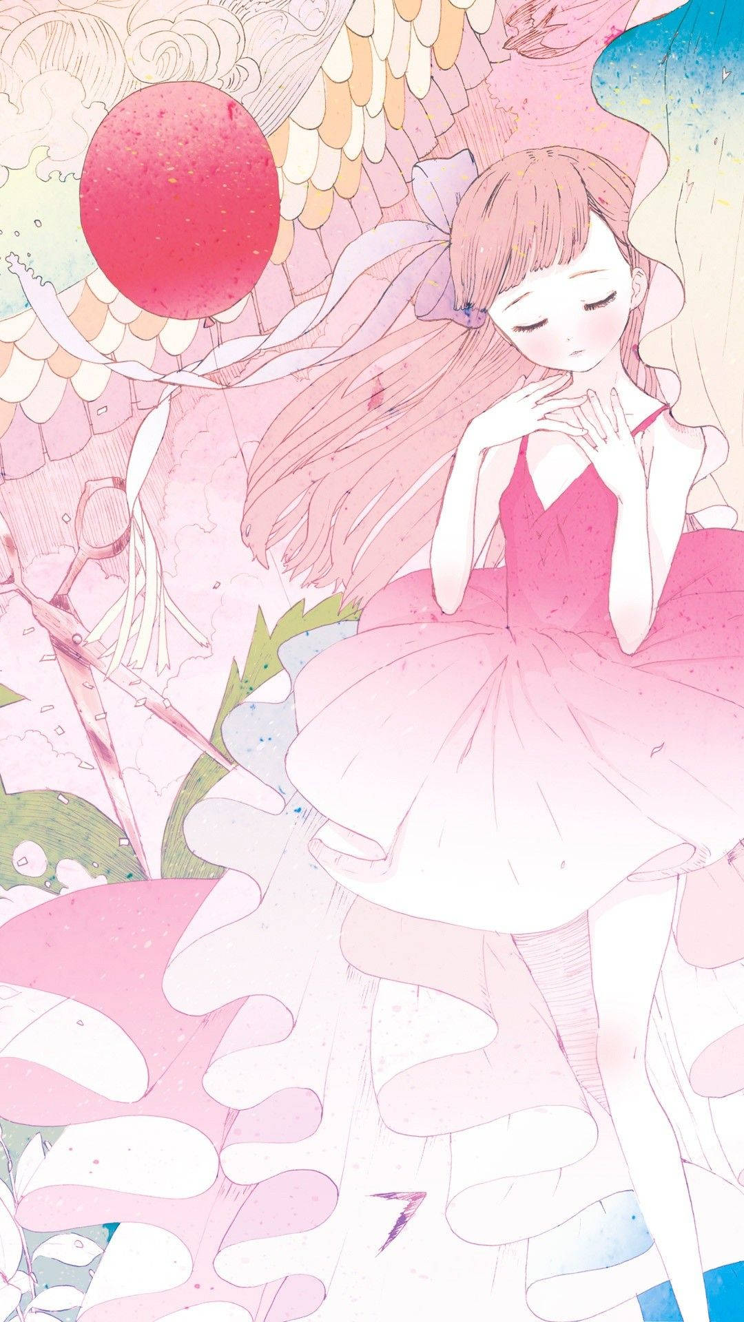 pink dress, whimsical floral patterns, glowing red orb, Full HD Phone Wallpaper