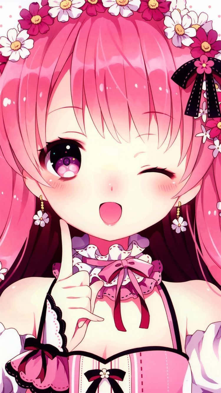 Pink Anime Cartoon Girl, pink hair, flower crown, HD Phone Wallpaper