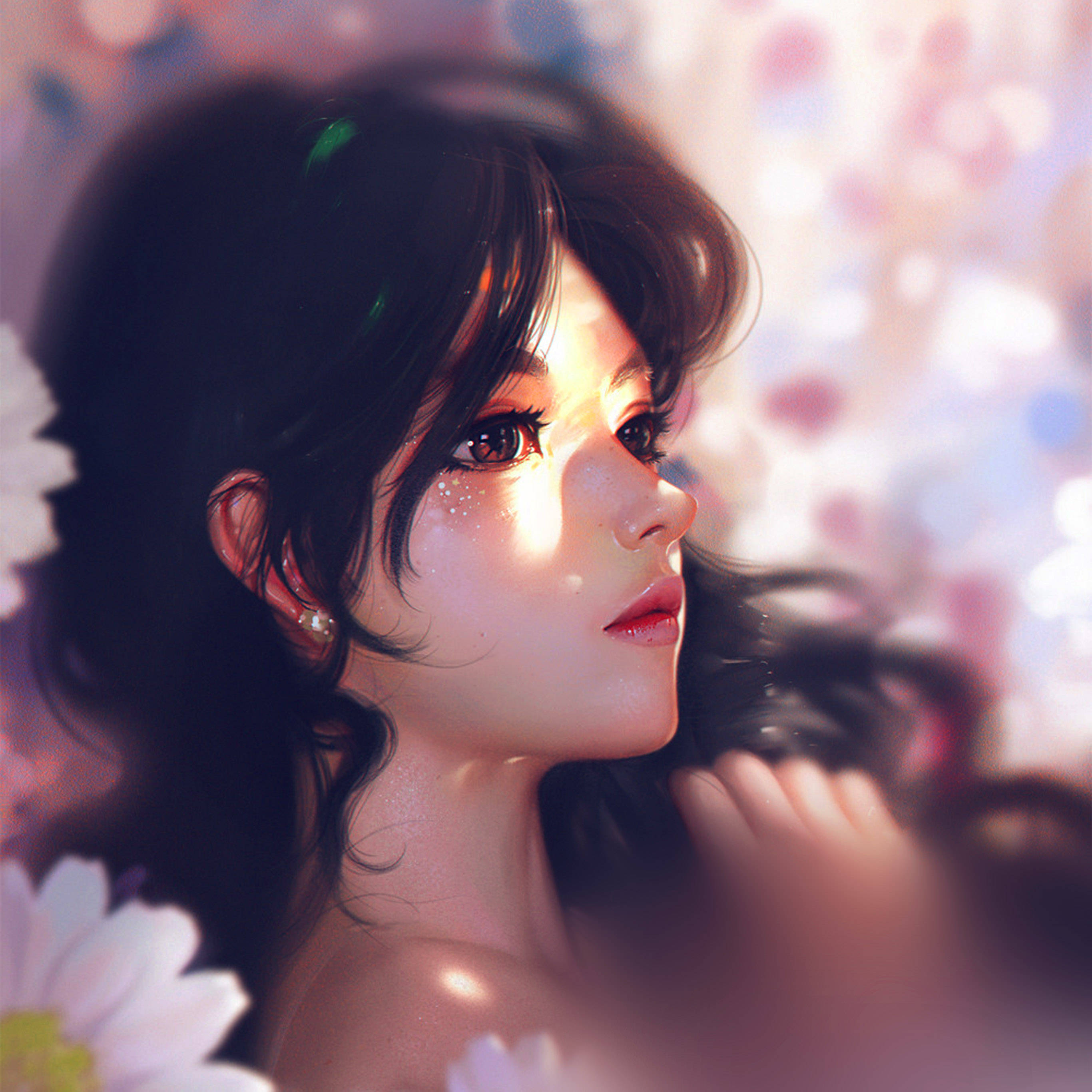 Cute Pink Girl Portrait, anime girl, dark hair, 2K Desktop Wallpaper