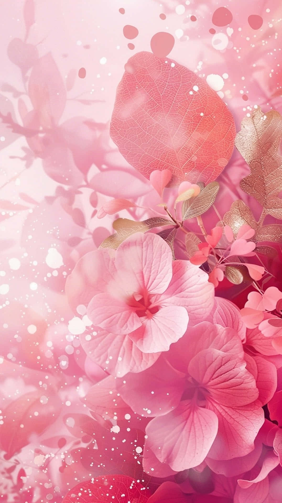 Pink Floral Fantasy Background, soft pink hydrangeas, translucent leaves, Full HD Phone Wallpaper