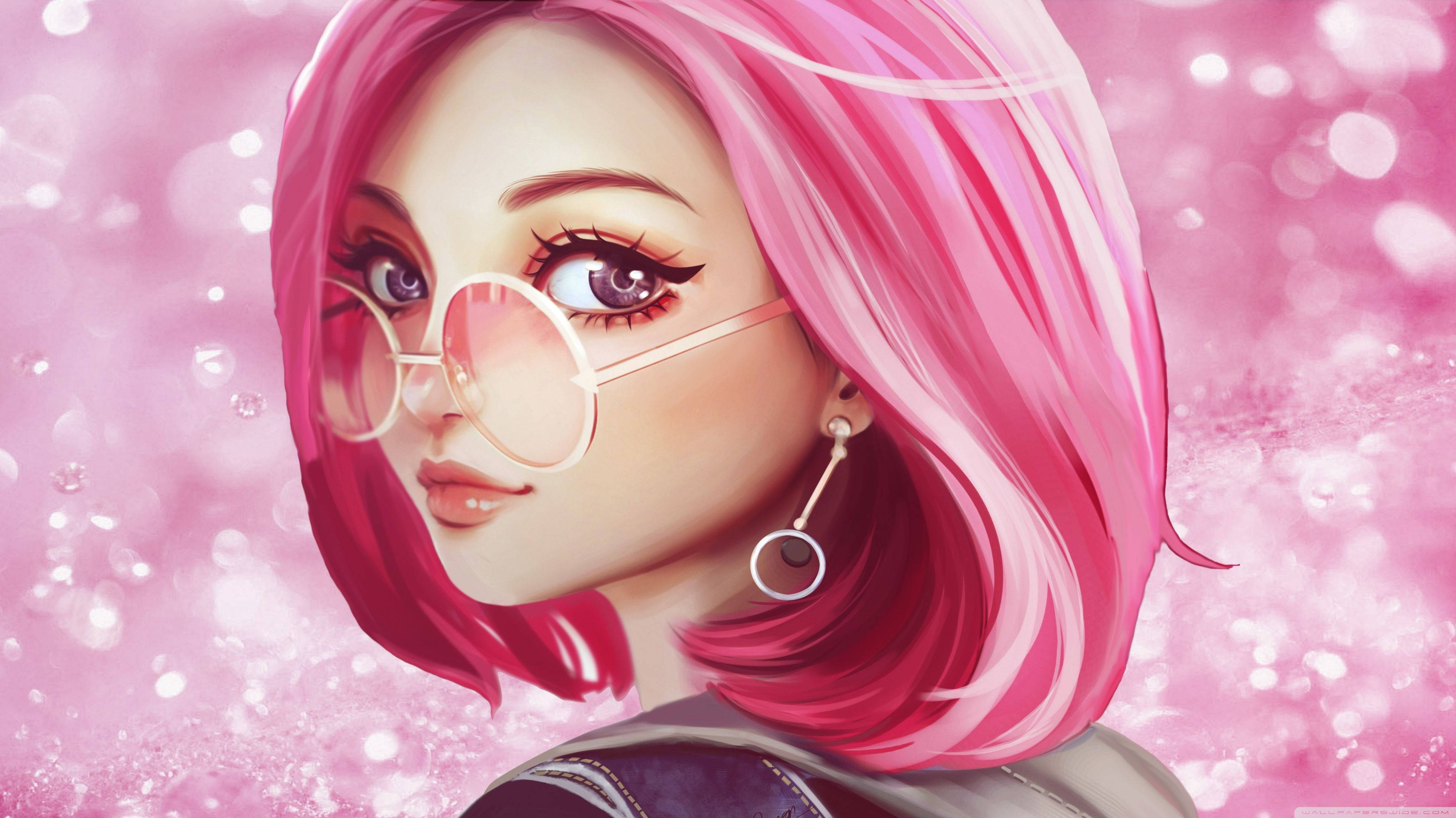 anime girl, vibrant pink hair, round glasses, 2K Desktop Wallpaper