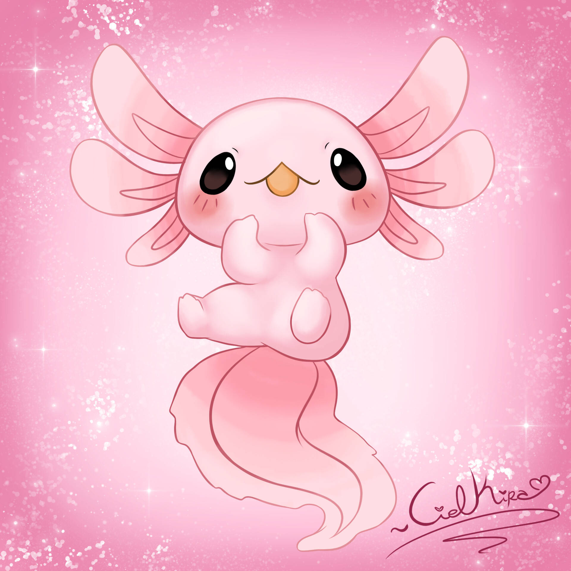 Digital Cartoon Axolotl, pink, large eyes, Full HD Desktop Wallpaper