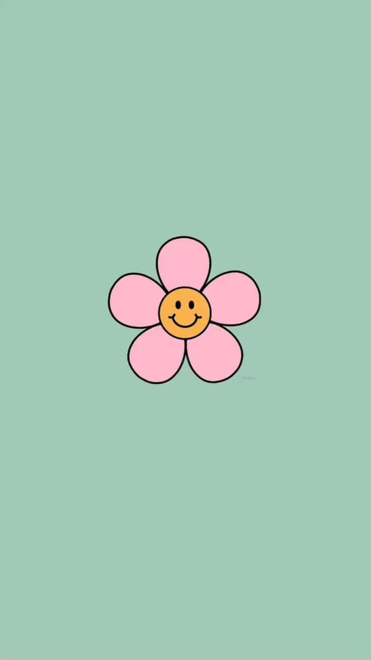 smiling pink flower, yellow center, mint green background, HD Phone Wallpaper