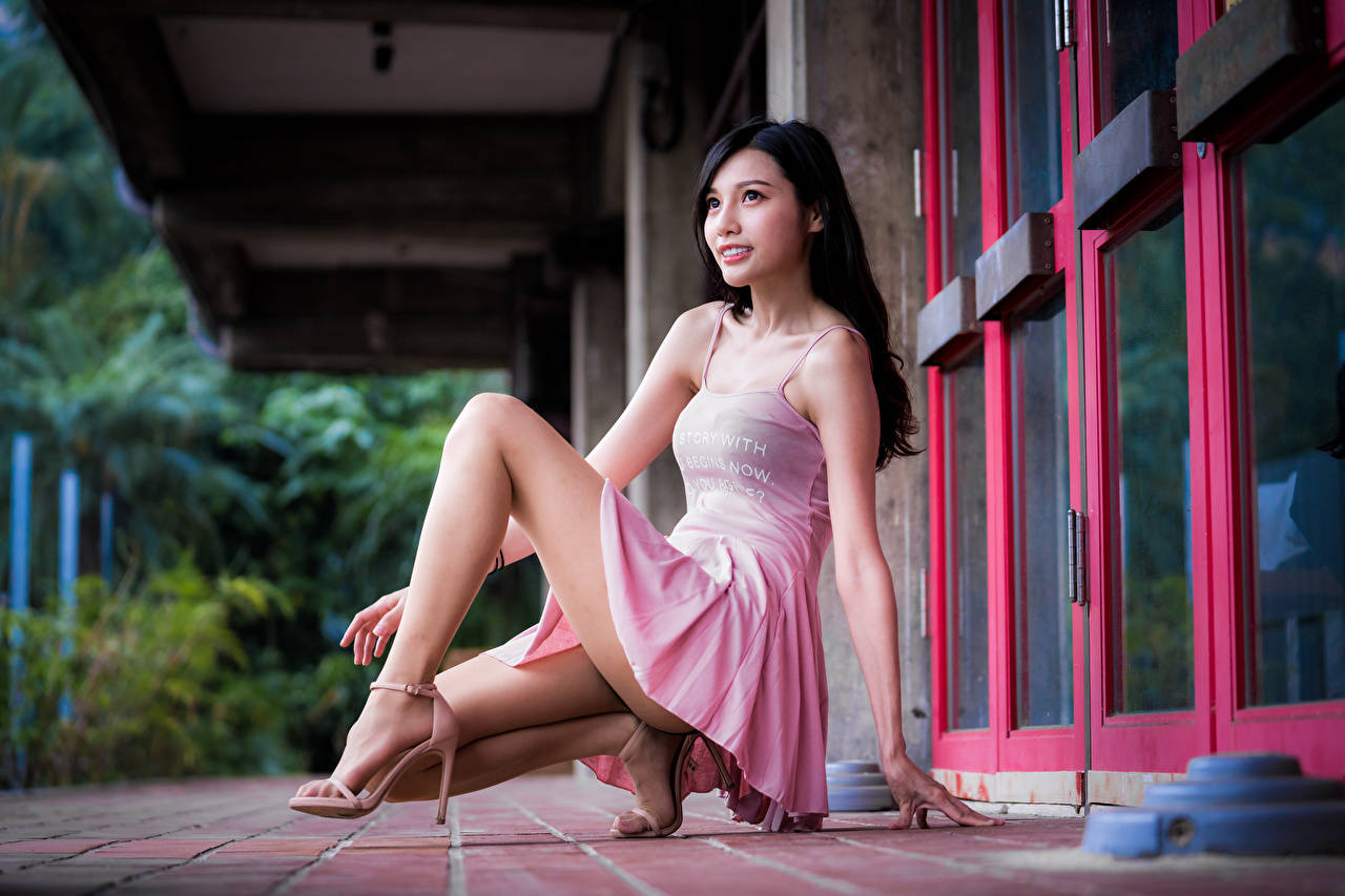 pink dress, tiled porch, red-framed windows, HD Desktop Wallpaper