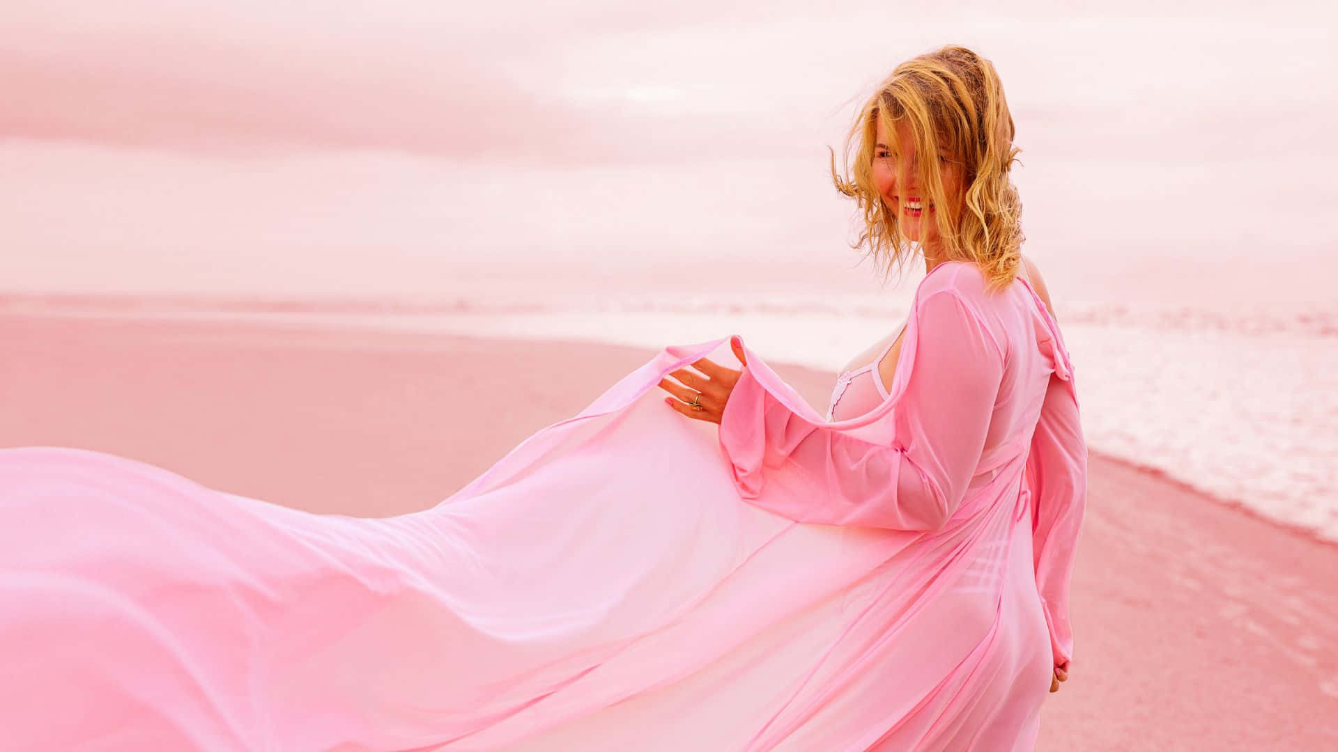 pink dress, flowing pink dress, soft pink beach, Full HD Desktop Wallpaper