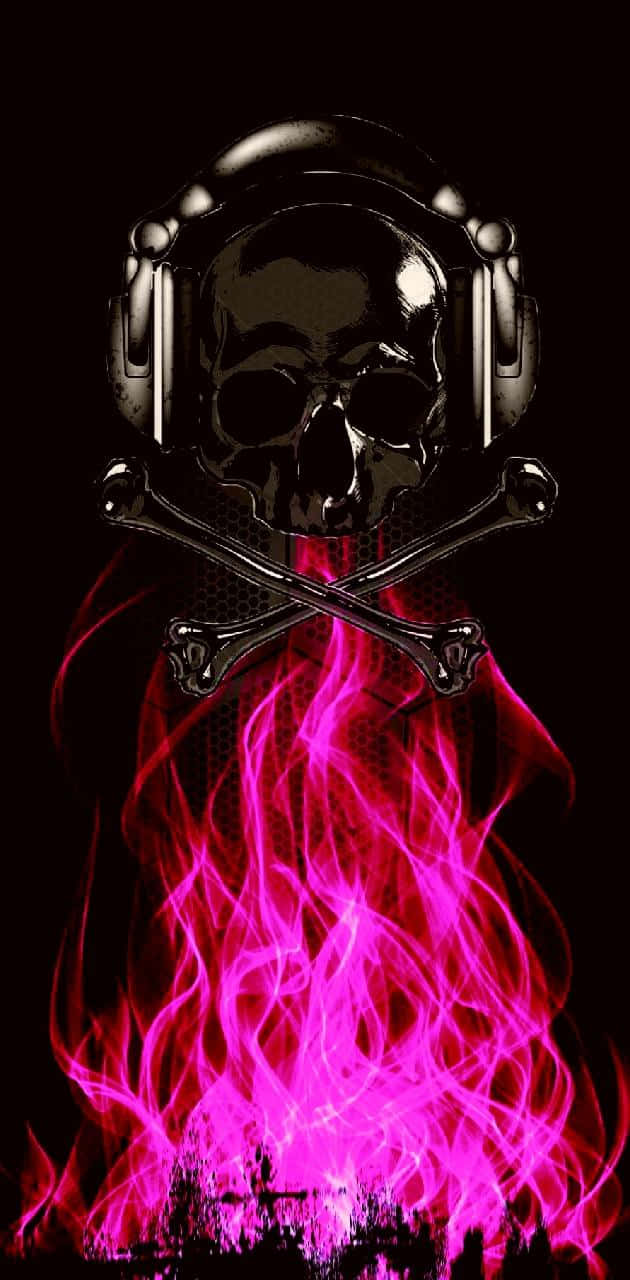 Pink Flames, skull, headphones, HD Phone Wallpaper