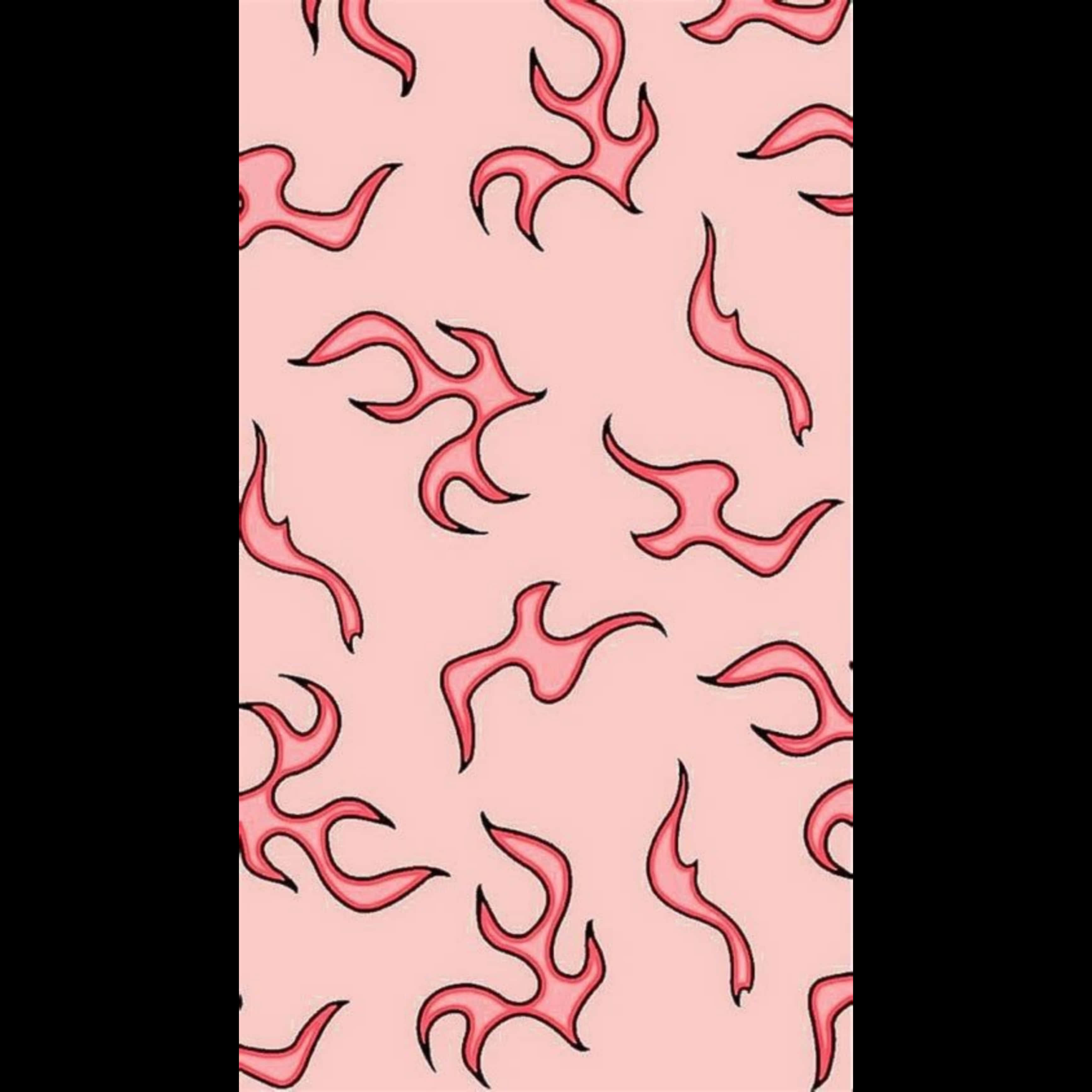 pink flames, soft pink background, black outlines, 2K Desktop Wallpaper