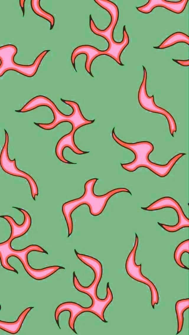 pink flames, mint green, black outlines, SD Phone Wallpaper