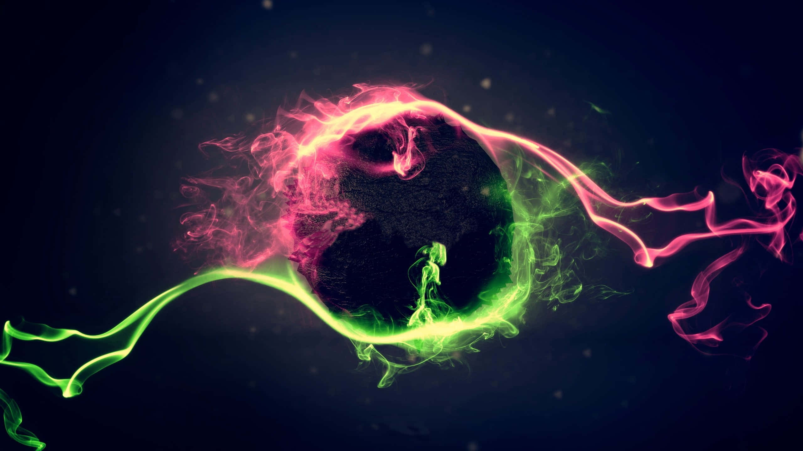 pink and green energy streams, glowing planet, dark cosmic backdrop, 2K Desktop Wallpaper