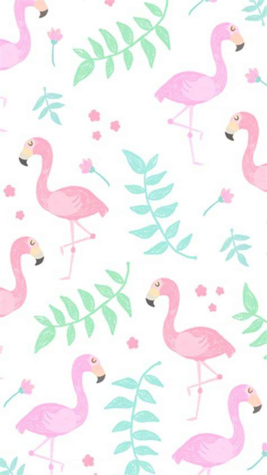 Pink Flamingos, white background, green leaves, HD Phone Wallpaper