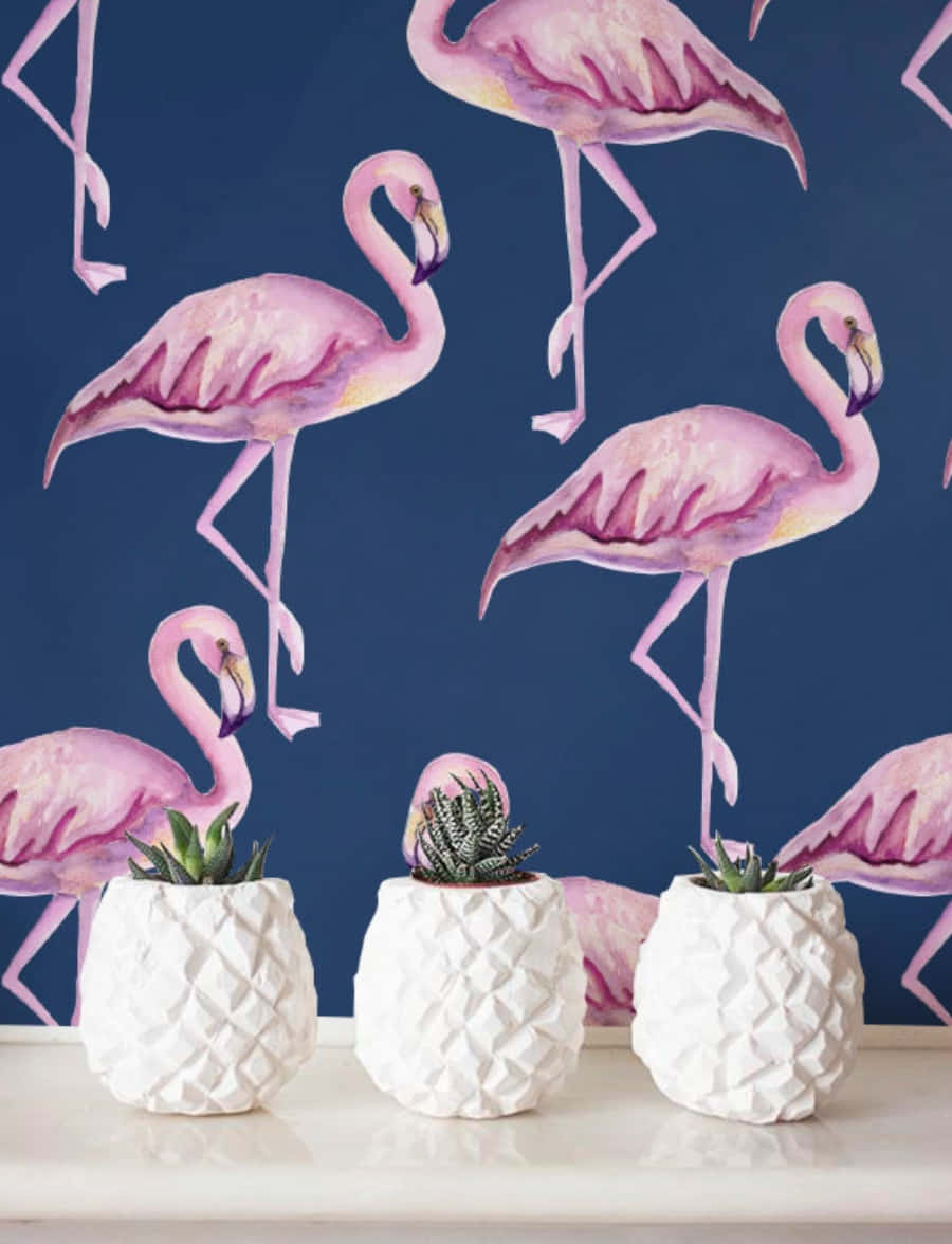 pink flamingos, watercolor style, white pineapple planters, SD Phone Wallpaper