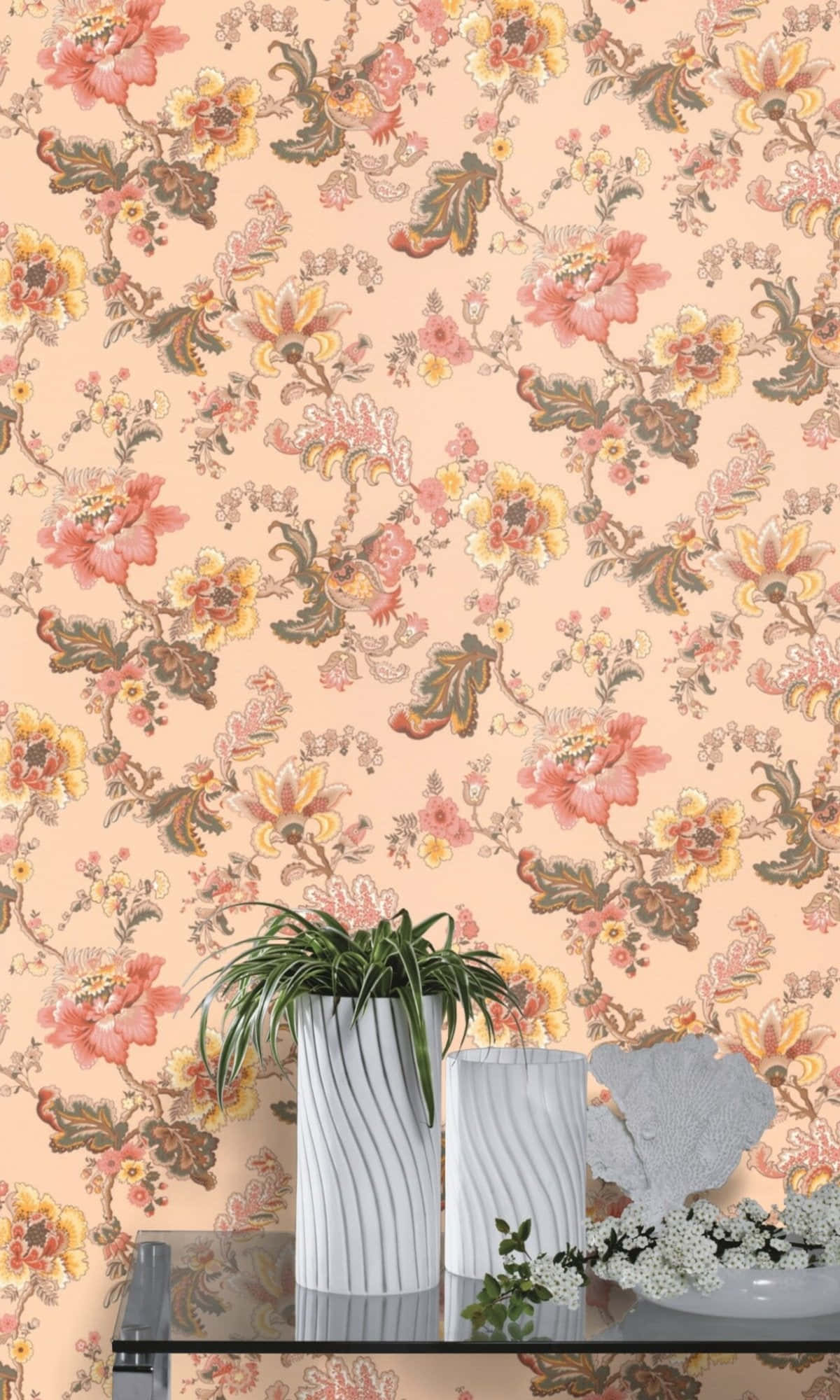 vintage floral wallpaper, soft peach tones, pink yellow and green blossoms, Full HD Phone Wallpaper