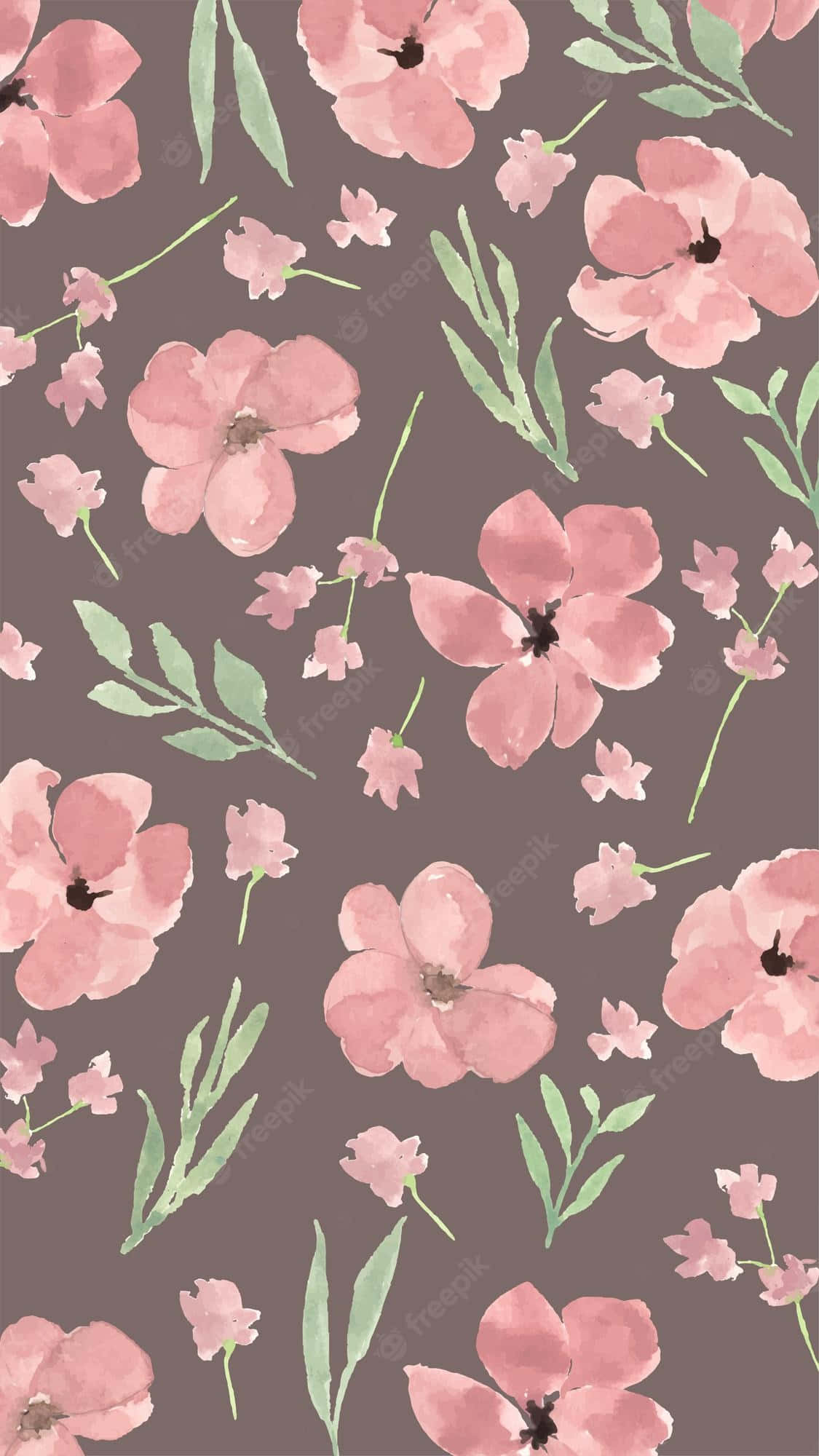 pink floral, soft pink watercolor flowers, green leaves, Full HD Phone Wallpaper