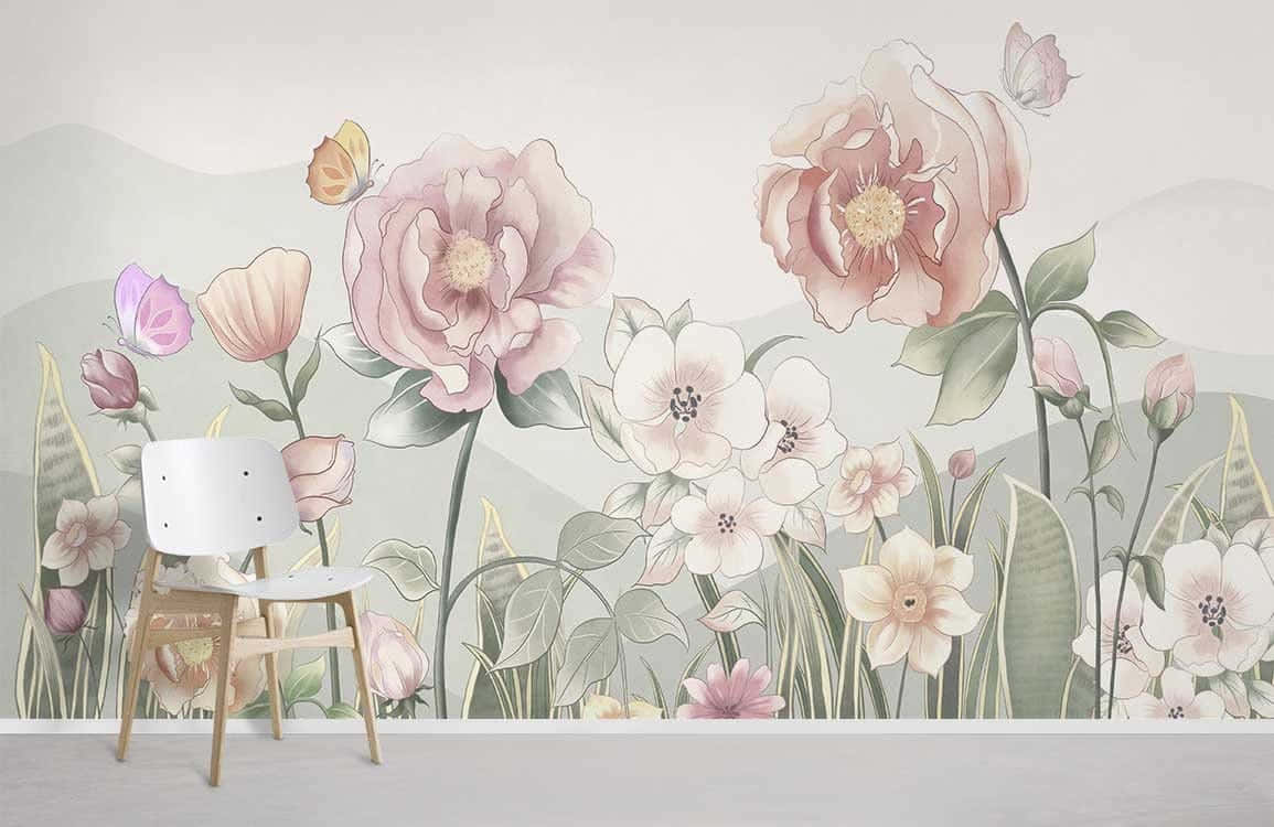 pastel floral wallpaper, large pink and white blossoms, butterflies, SD Desktop Wallpaper