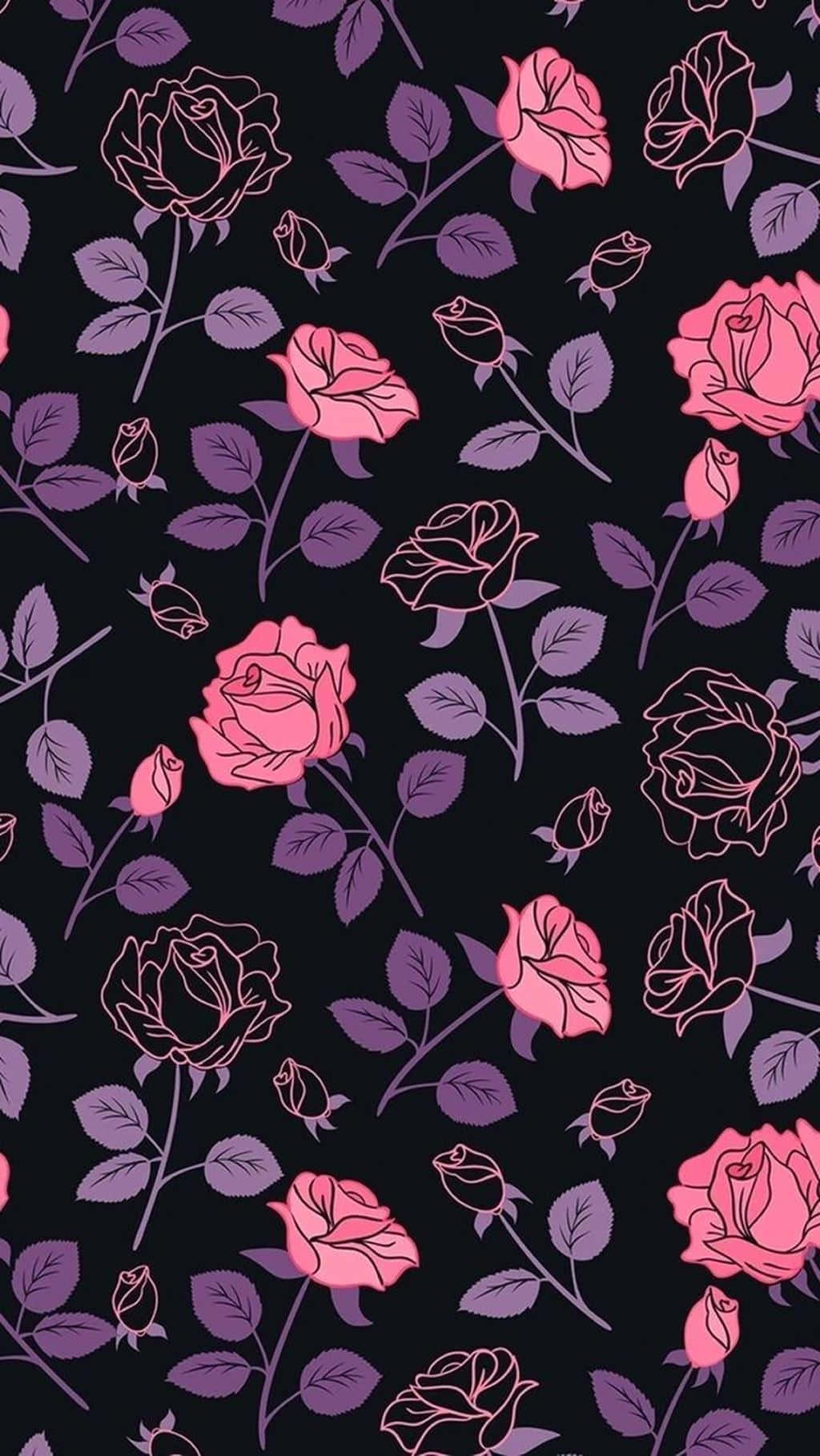 pink roses, purple leaves, white outline, HD Phone Wallpaper