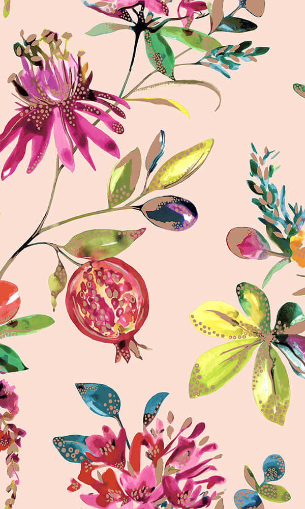 pink pomegranates, exotic blooms, vibrant watercolor floral pattern, SD Phone Wallpaper