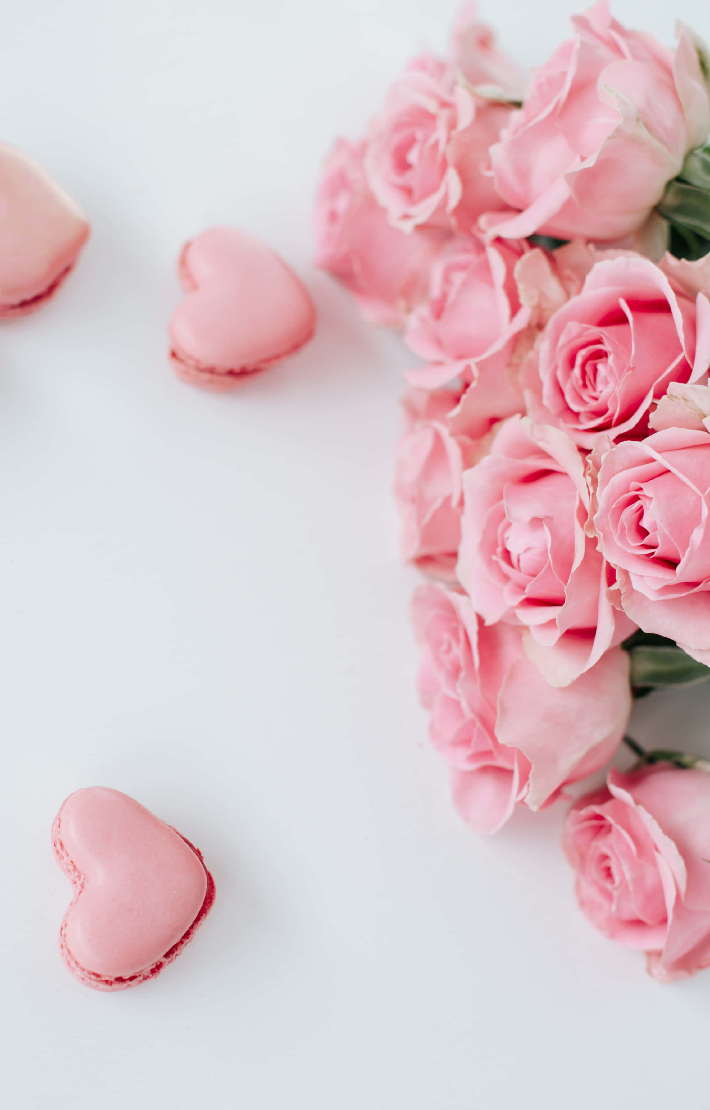 Soft Pink Florals, pink roses, heart-shaped macarons, 2K Phone Wallpaper