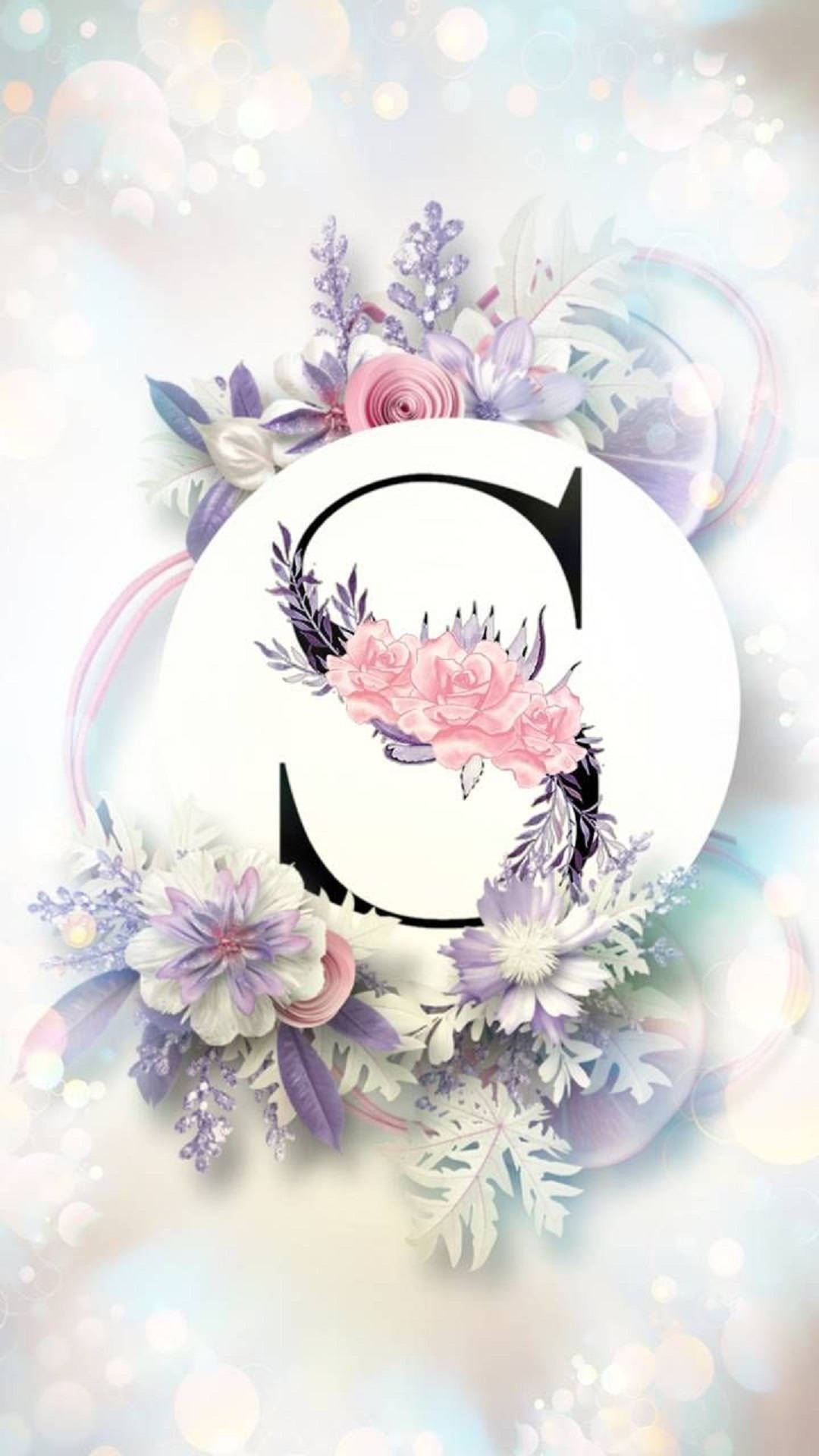 Floral Letter S, pink roses, purple flowers, Full HD Phone Wallpaper