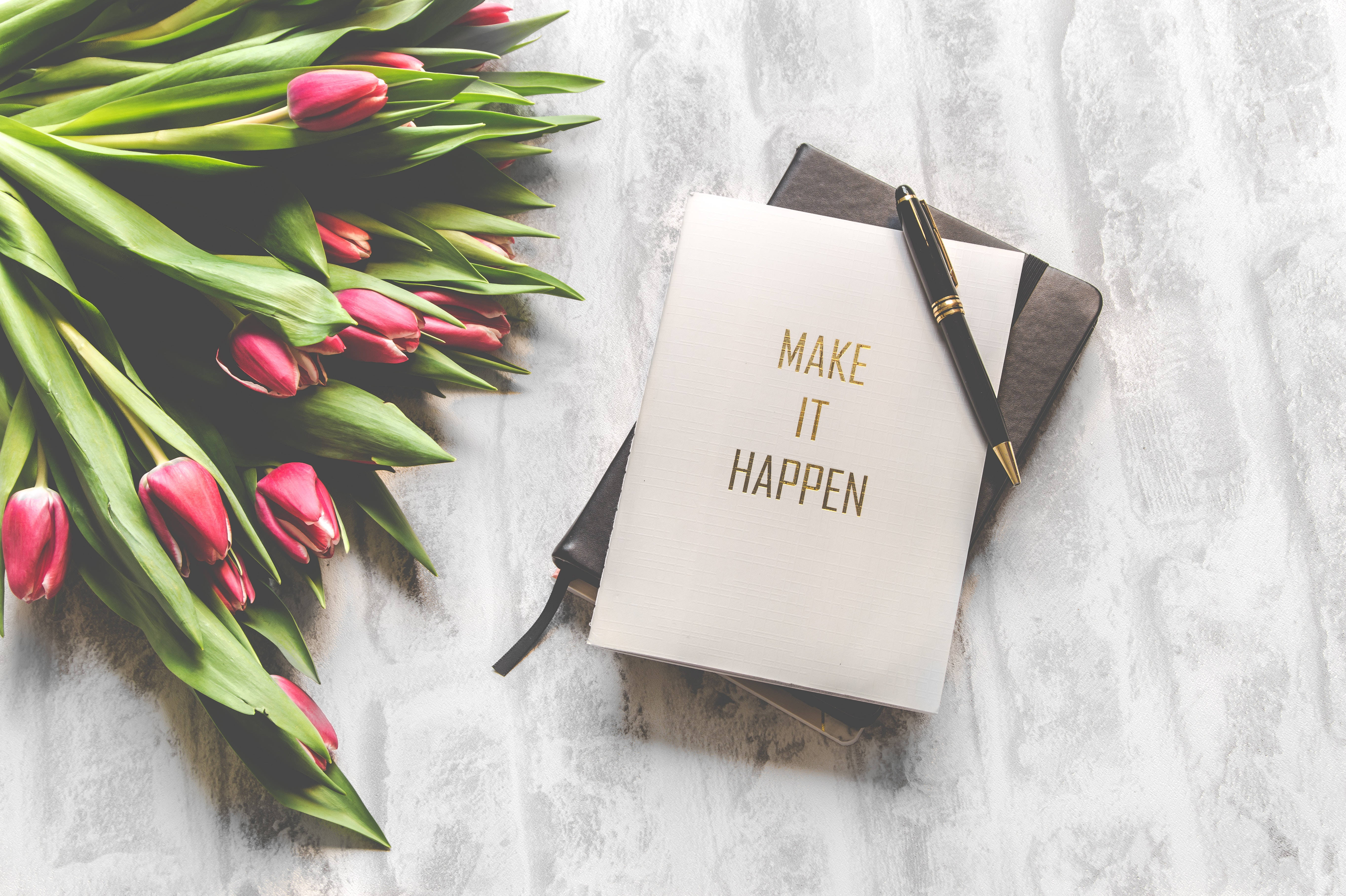 Pink tulips, notebook, MAKE IT HAPPEN, 5K Desktop Wallpaper