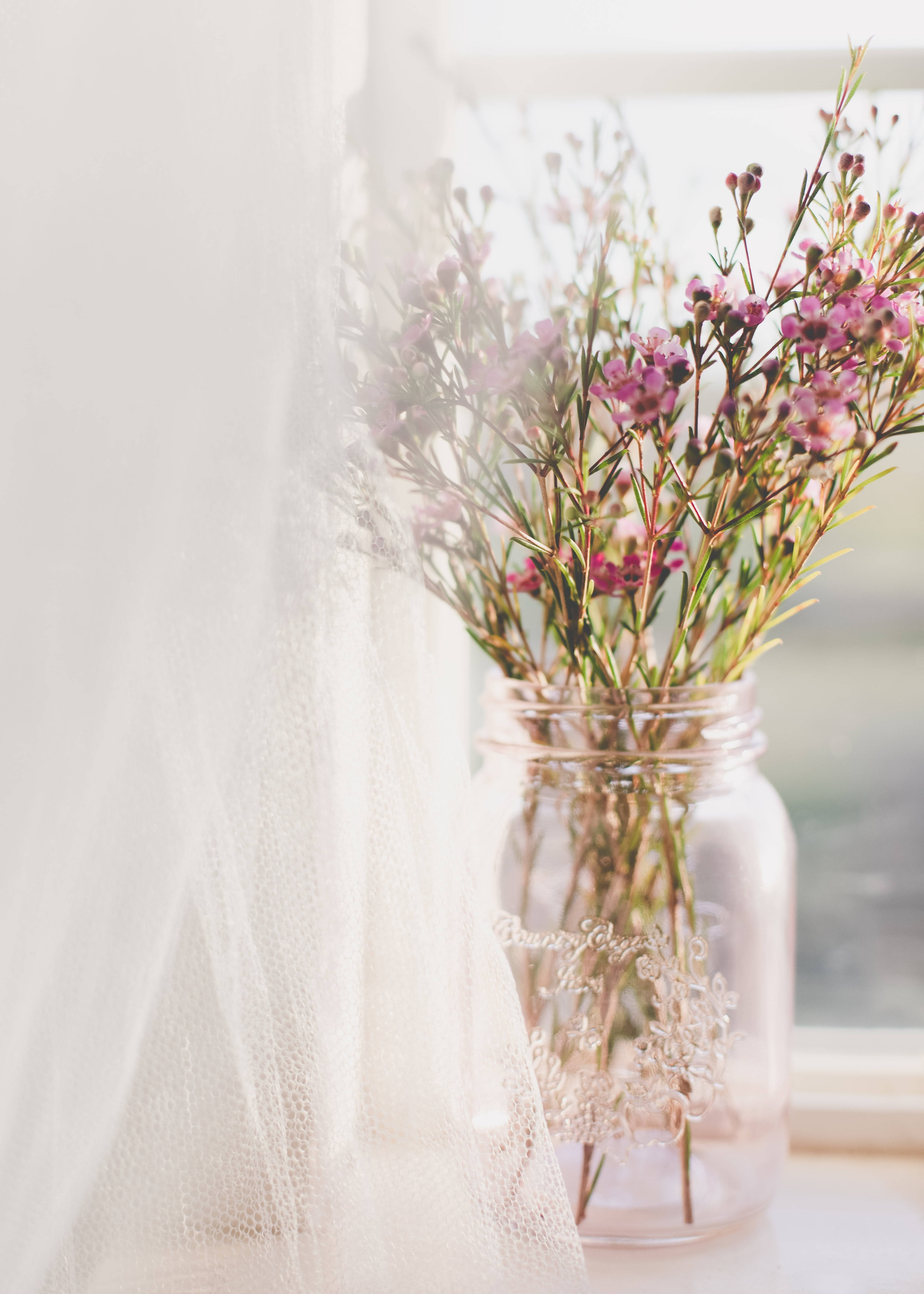 tiny pink flowers, simple flower vase, glass jar, 5K Phone Wallpaper