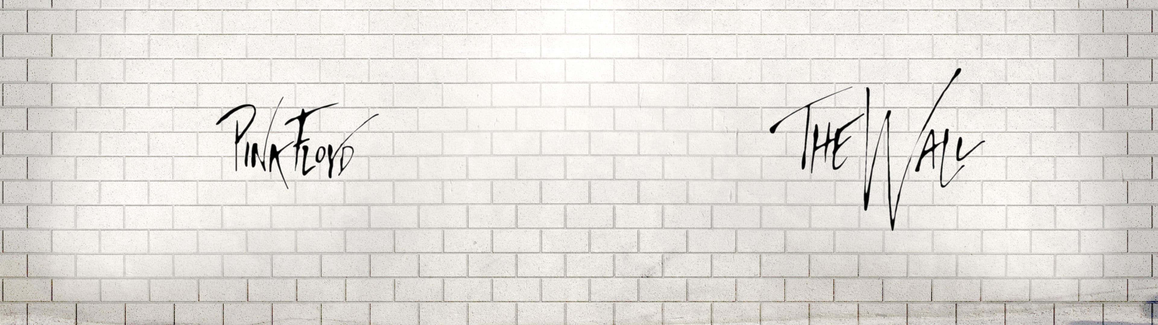 Pink Floyd The Wall, black cursive text, textured white brick wall, 4K Desktop Wallpaper