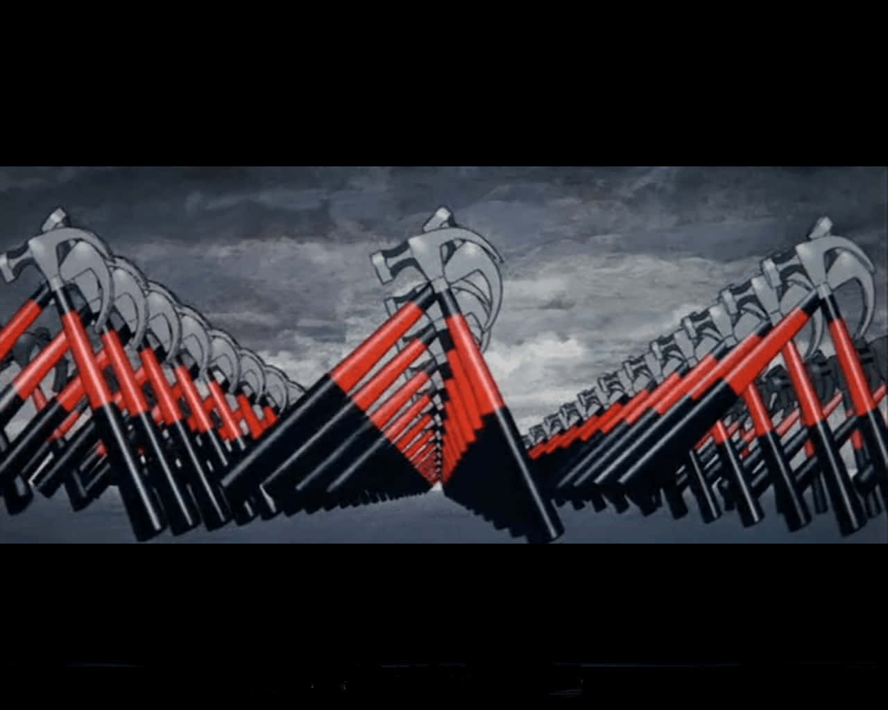 Pink Floyd The Wall, red and black hammers, symmetrical V shape, HD Desktop Wallpaper