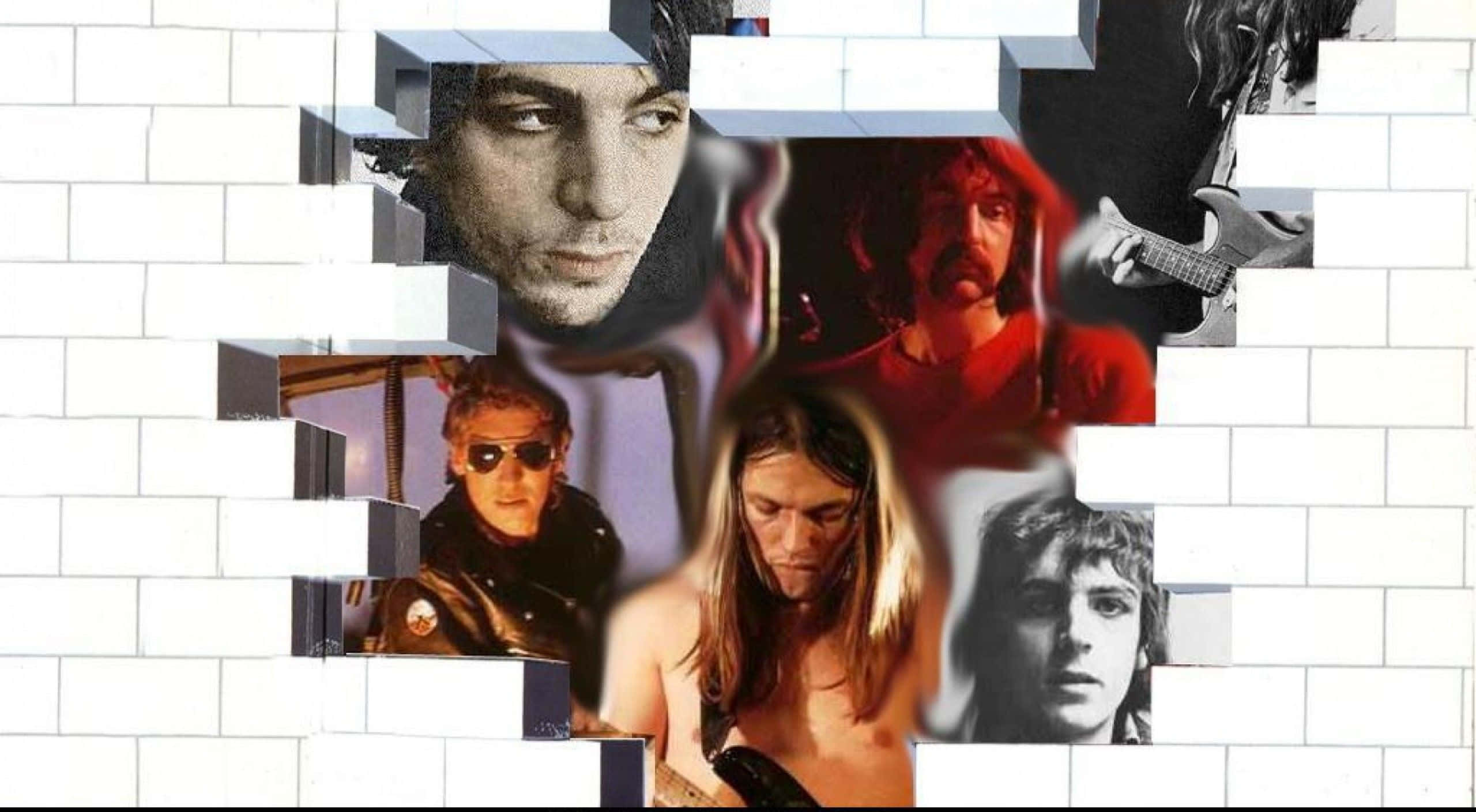Pink Floyd The Wall, white brick wall, fragmented photos, 2K Desktop Wallpaper