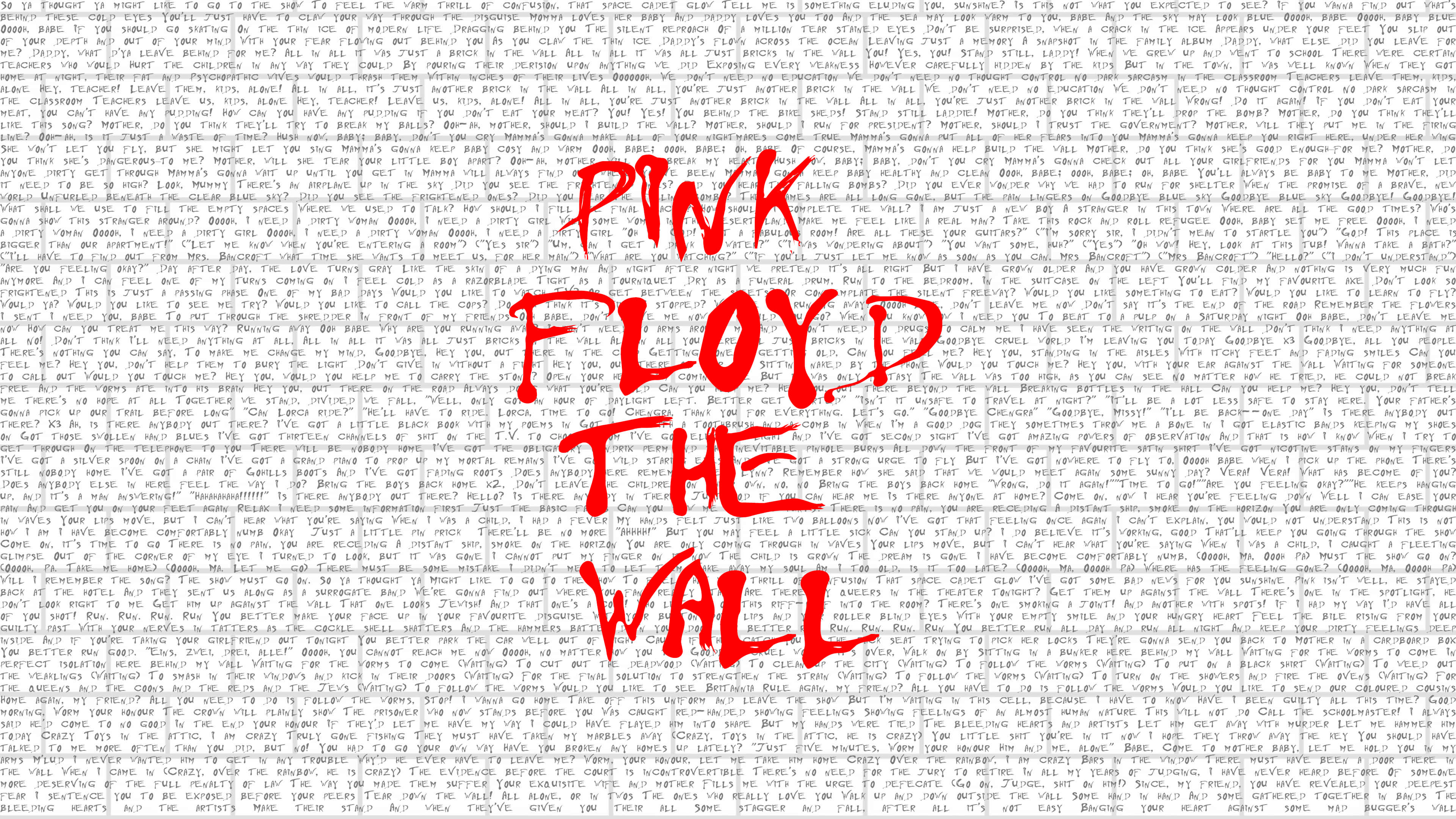 Pink Floyd The Wall, red graffiti-style text, faded black text, 4K Desktop Wallpaper